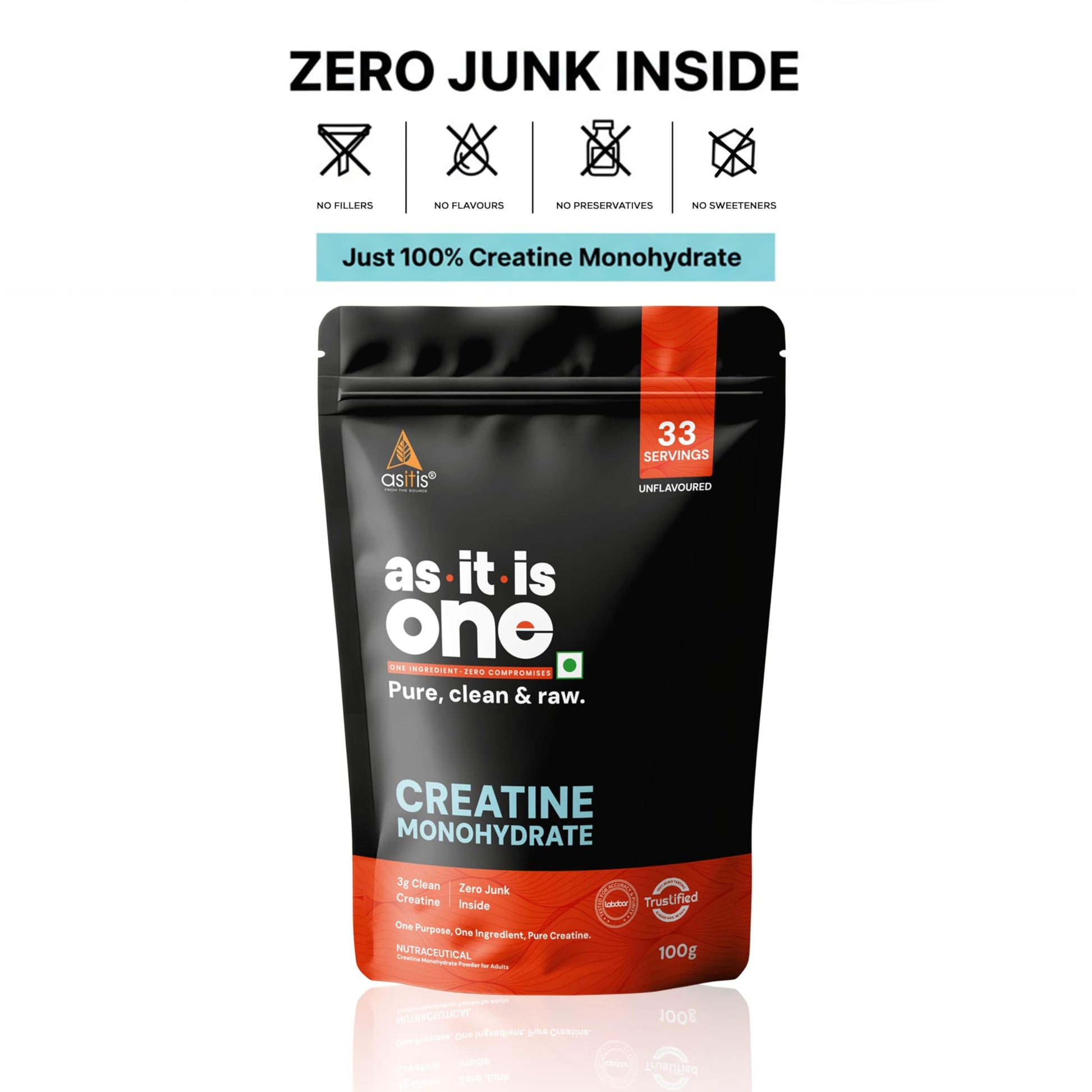 Asitis Nutrition Creatine Monohydrate Unflavoured Micronized Powder Dietary Supplement - ingredients panel