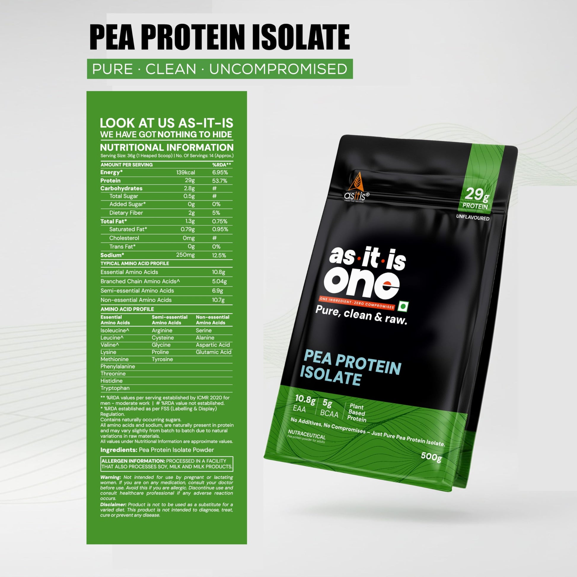 Asitis Nutrition ONE Pea Protein Isolate, Unflavoured, Plant Based, 29g Protein, Non-GMO, Single Ingredient - ingredients pan