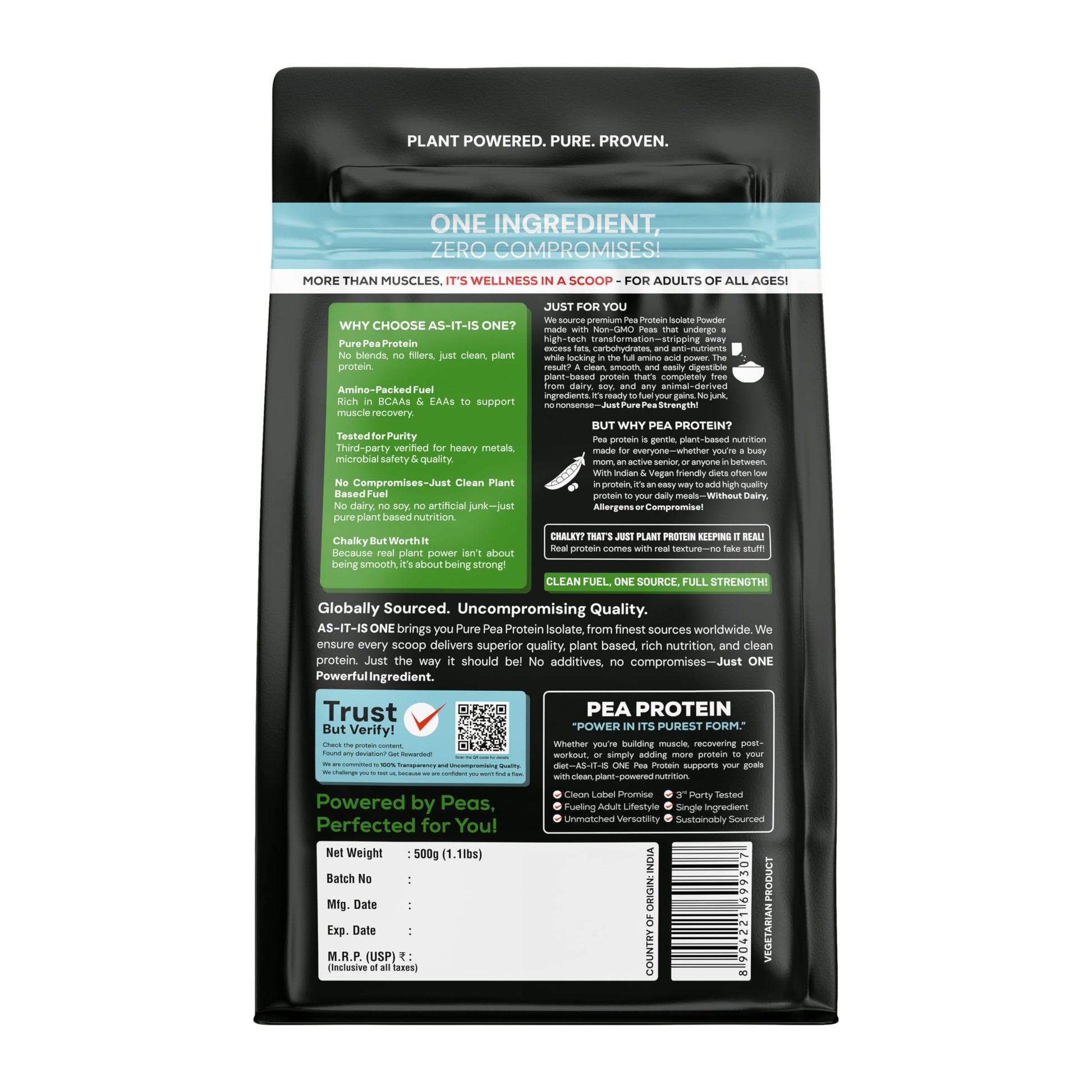 Asitis Nutrition ONE Pea Protein Isolate, Unflavoured, Plant Based, 29g Protein, Non-GMO, Single Ingredient - size and scale