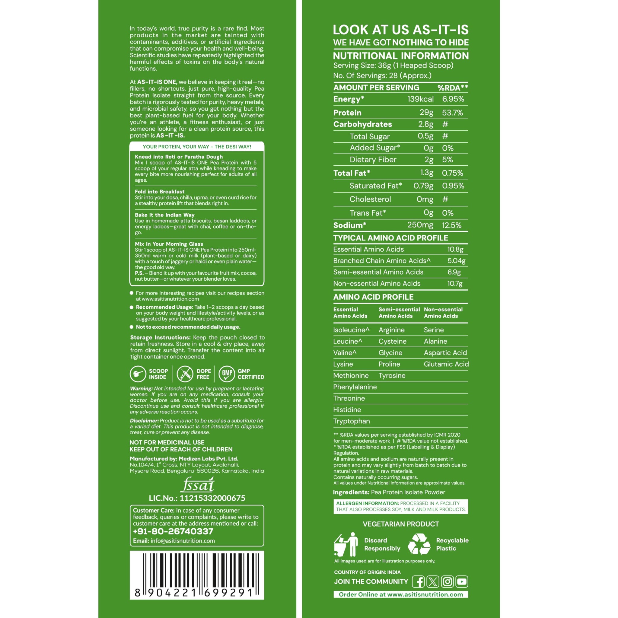Asitis Nutrition ONE Pea Protein Isolate, Unflavoured, Plant Based, 29g Protein, Non-GMO, Single Ingredient - front view (6)