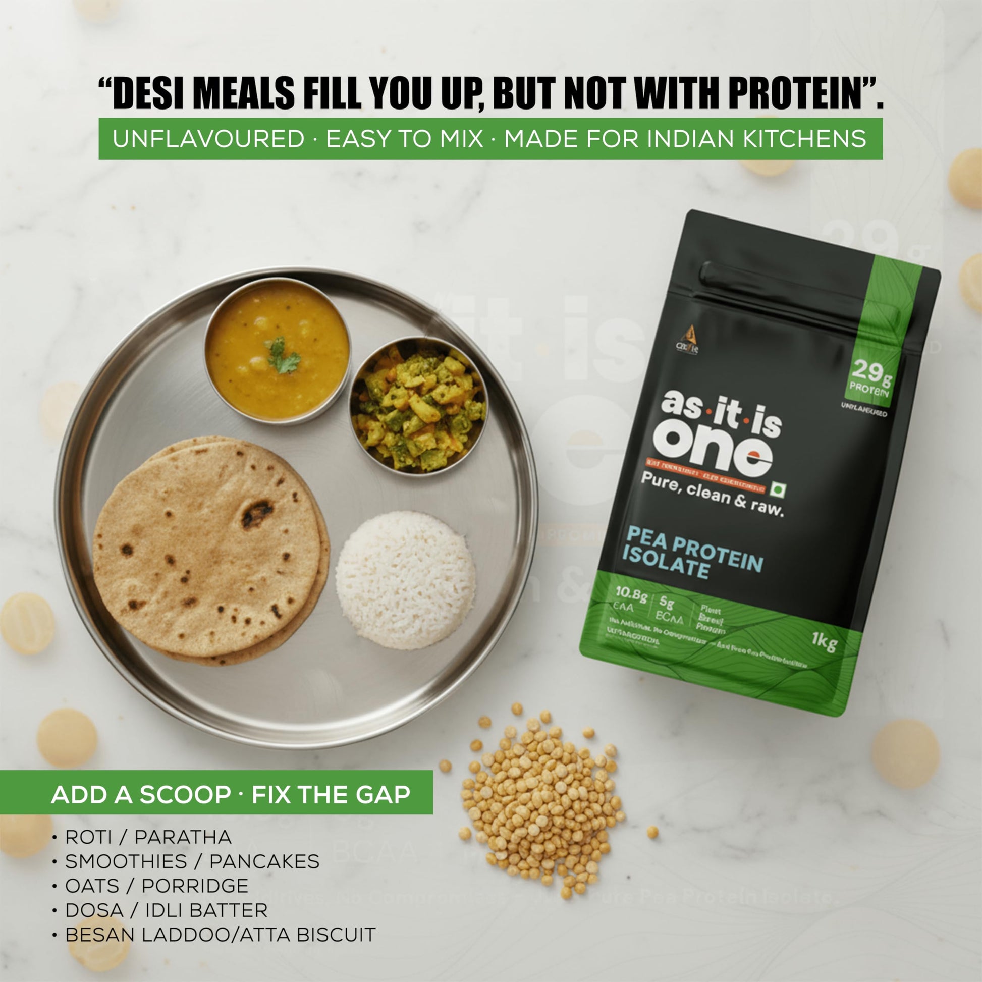 Asitis Nutrition ONE Pea Protein Isolate, Unflavoured, Plant Based, 29g Protein, Non-GMO, Single Ingredient - close-up detail
