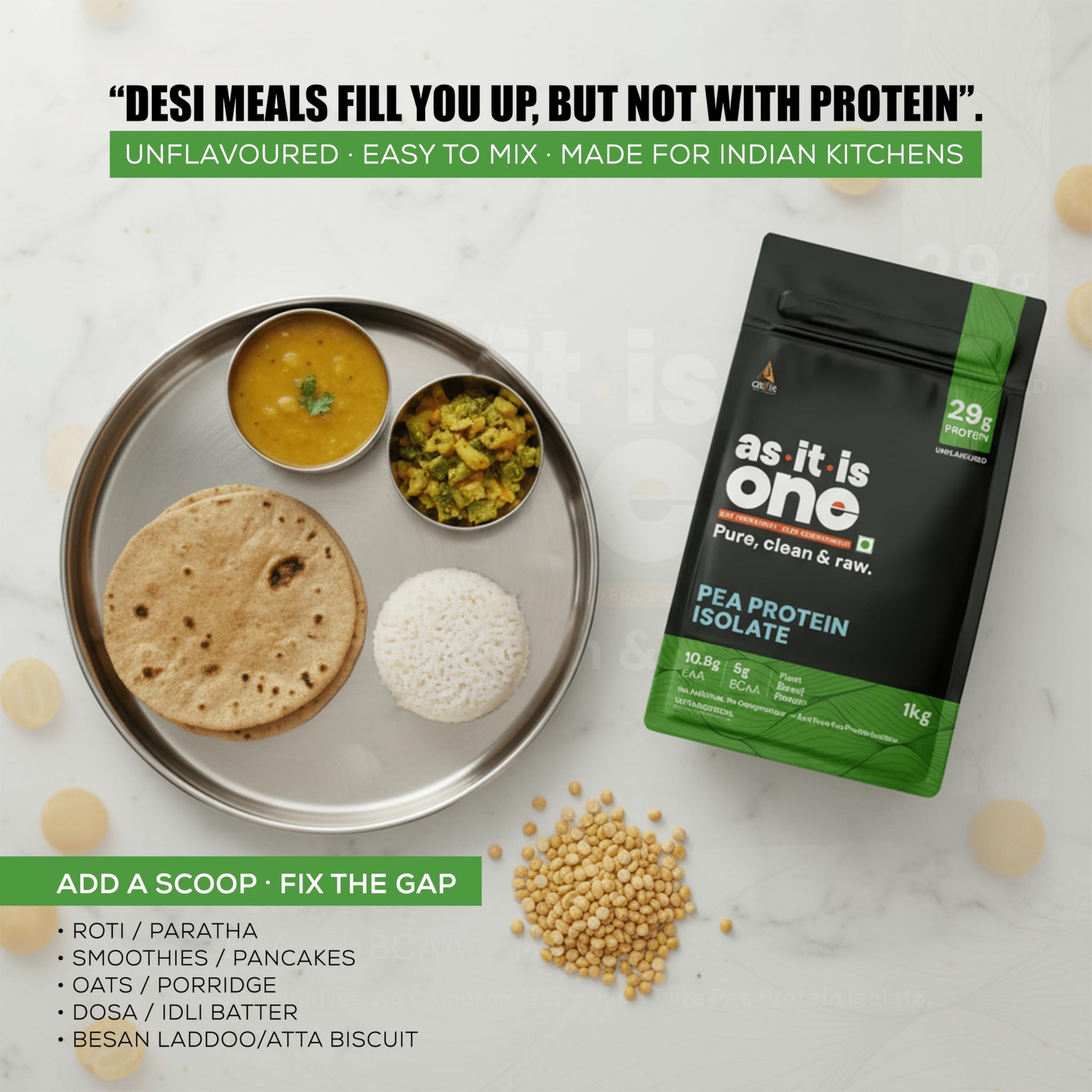 Asitis Nutrition ONE Pea Protein Isolate, Unflavoured, Plant Based, 29g Protein, Non-GMO, Single Ingredient - close-up detail