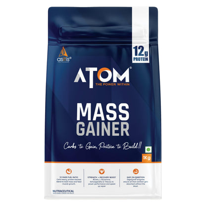ATOM PWR Mass Gainer by Asitis Nutrition, 1 Kg, 13 Servings, 5:1 Carb-Protein Ratio, Double Rich Chocolate, Unisex Nutritiona