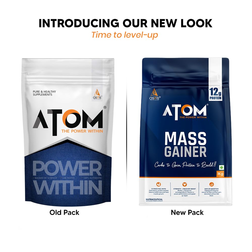 ATOM PWR Mass Gainer by Asitis Nutrition, 1 Kg, 13 Servings, 5:1 Carb-Protein Ratio, Double Rich Chocolate, Unisex Nutritiona