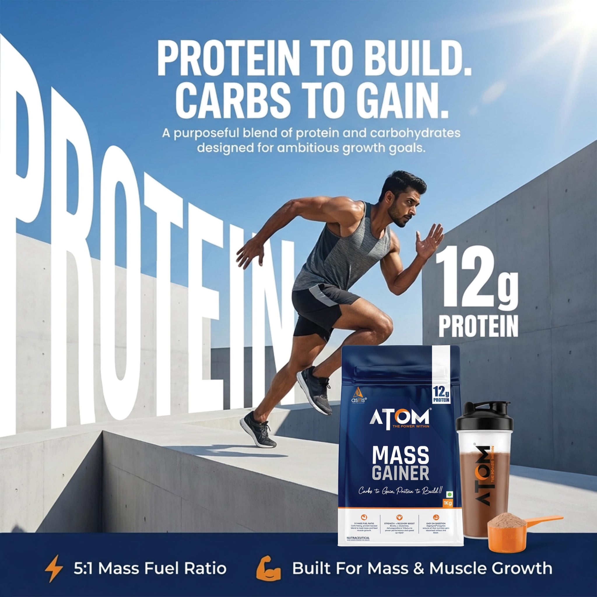 ATOM PWR Mass Gainer by Asitis Nutrition, 1 Kg, 13 Servings, 5:1 Carb-Protein Ratio, Double Rich Chocolate, Unisex Nutritiona