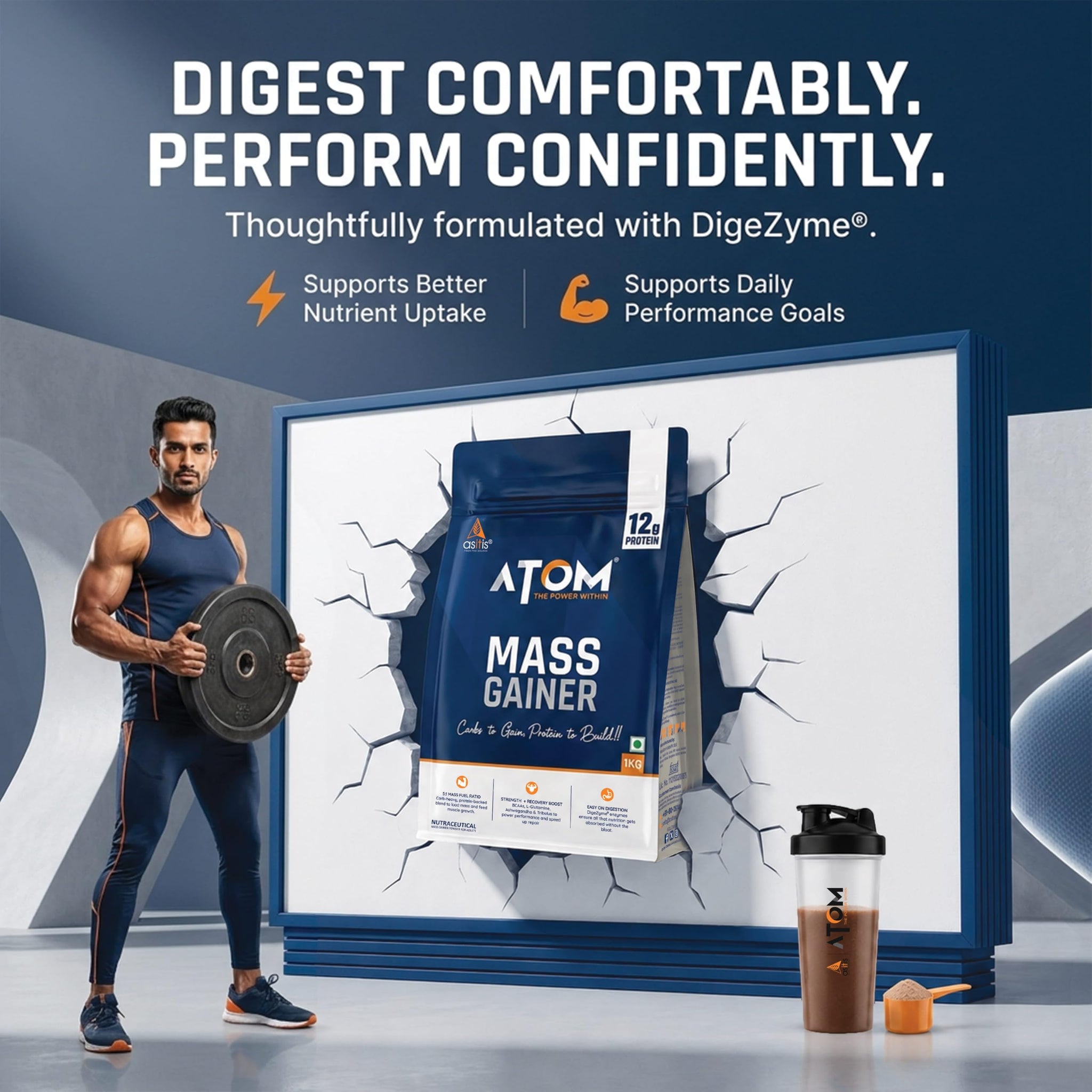 ATOM PWR Mass Gainer by Asitis Nutrition, 1 Kg, 13 Servings, 5:1 Carb-Protein Ratio, Double Rich Chocolate, Unisex Nutritiona