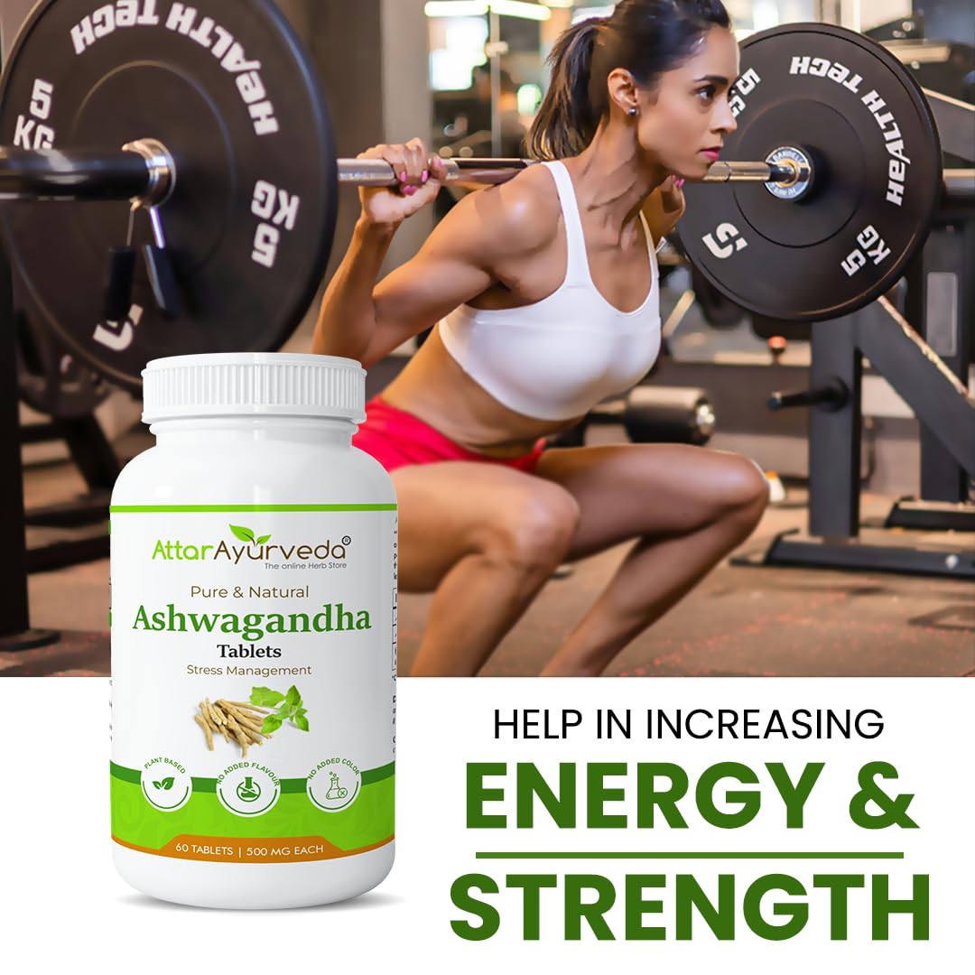 ATTAR AYURVEDA Ashwagandha Tablets, 500mg, 60 Count, Vegan Herbal Supplement - front view