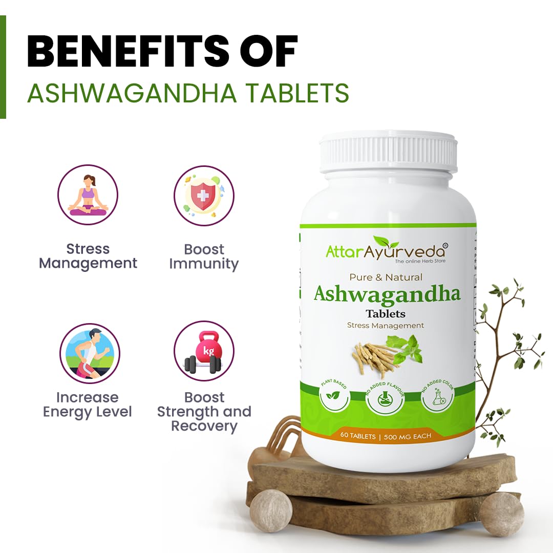 ATTAR AYURVEDA Ashwagandha Tablets, 500mg, 60 Count, Vegan Herbal Supplement - back view