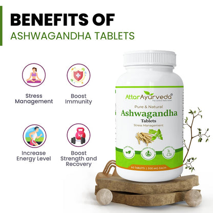 ATTAR AYURVEDA Ashwagandha Tablets, 500mg, 60 Count, Vegan Herbal Supplement - back view