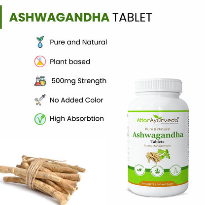 ATTAR AYURVEDA Ashwagandha Tablets, 500mg, 60 Count, Vegan Herbal Supplement - label detail