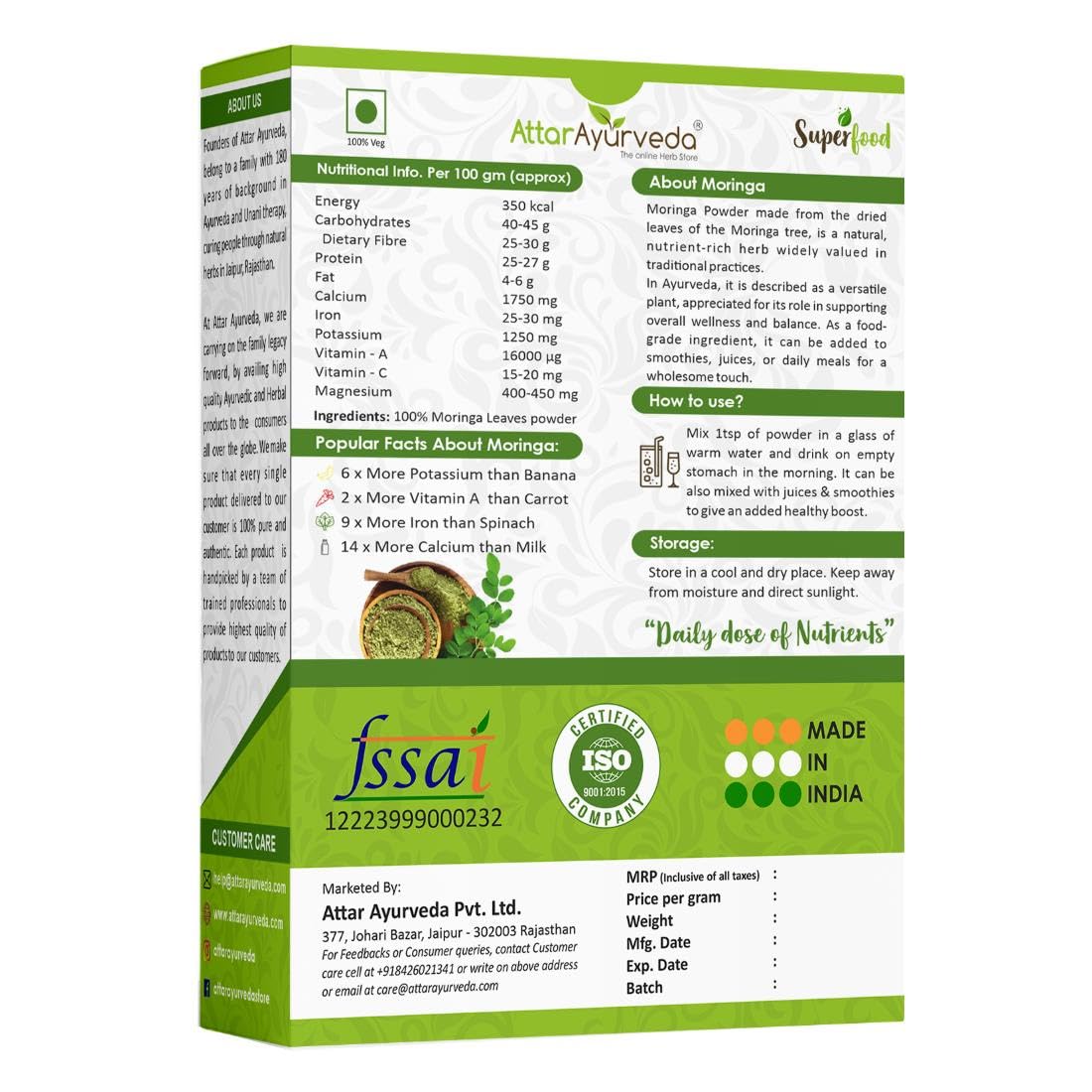ATTAR AYURVEDA Moringa Leaf Powder 200g, Drumstick Leaf, Herbal Supplement, Preservative-Free - front view