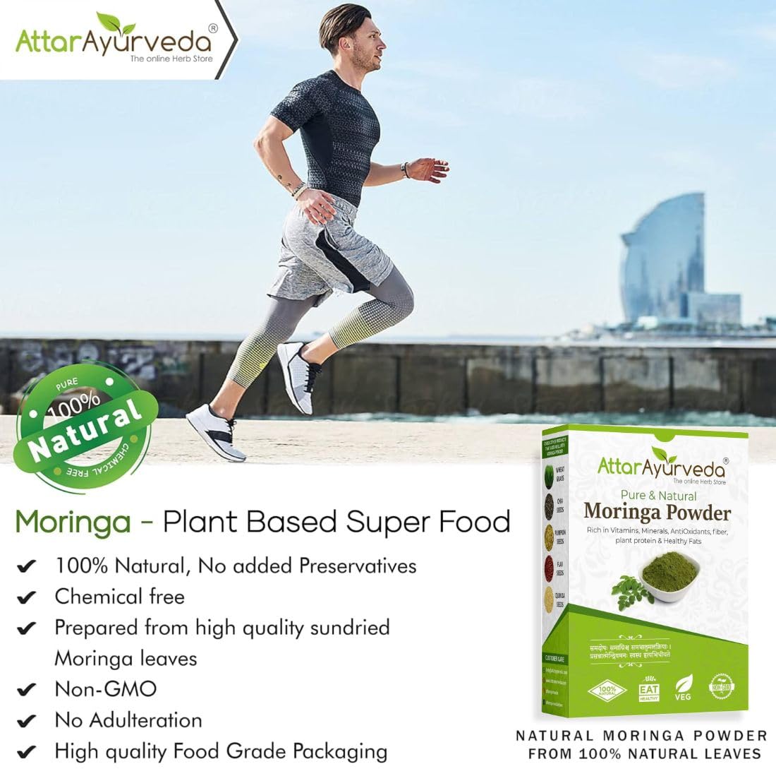ATTAR AYURVEDA Moringa Leaf Powder 200g, Drumstick Leaf, Herbal Supplement, Preservative-Free - back view
