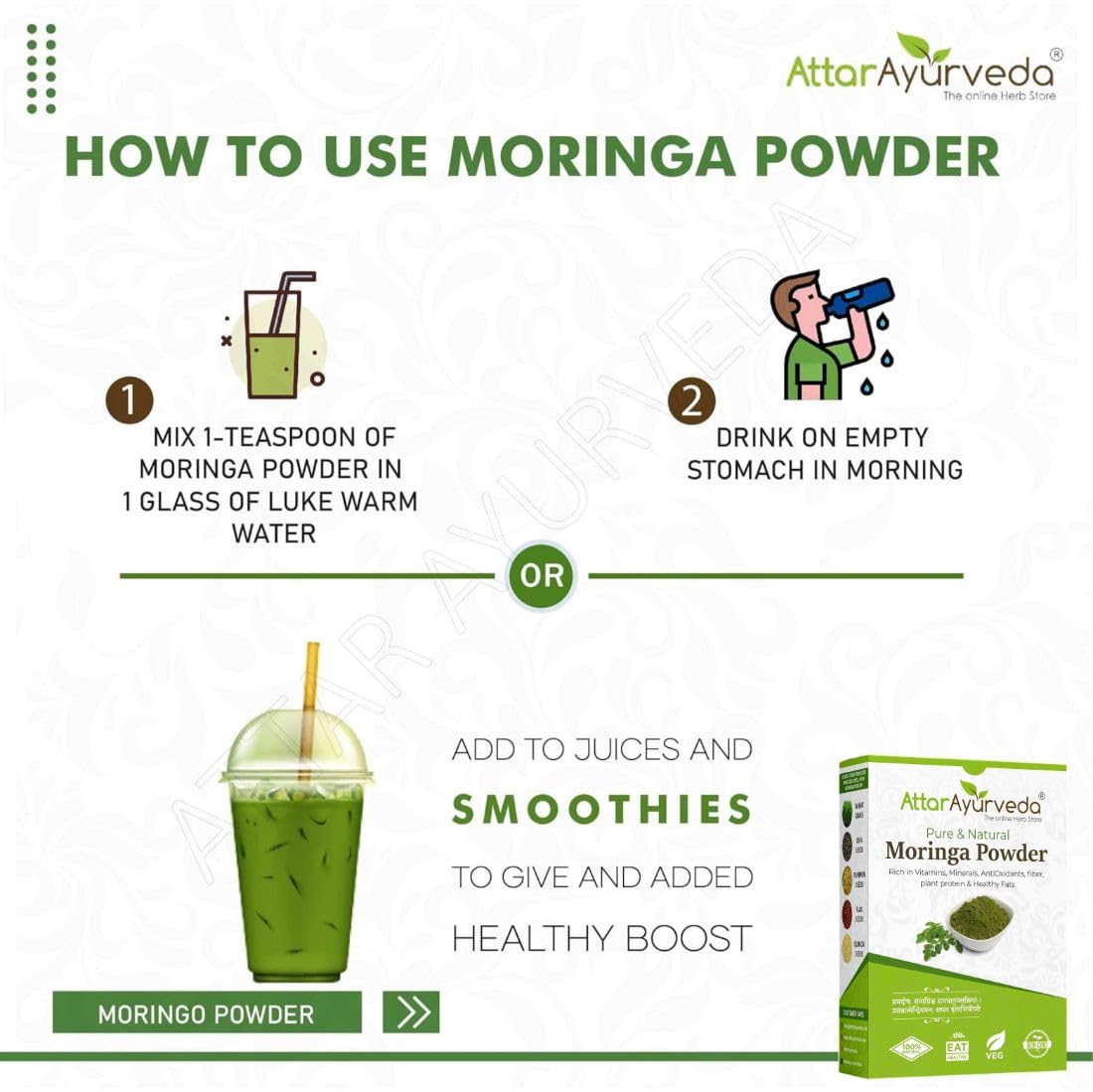 ATTAR AYURVEDA Moringa Leaf Powder 200g, Drumstick Leaf, Herbal Supplement, Preservative-Free - ingredients panel
