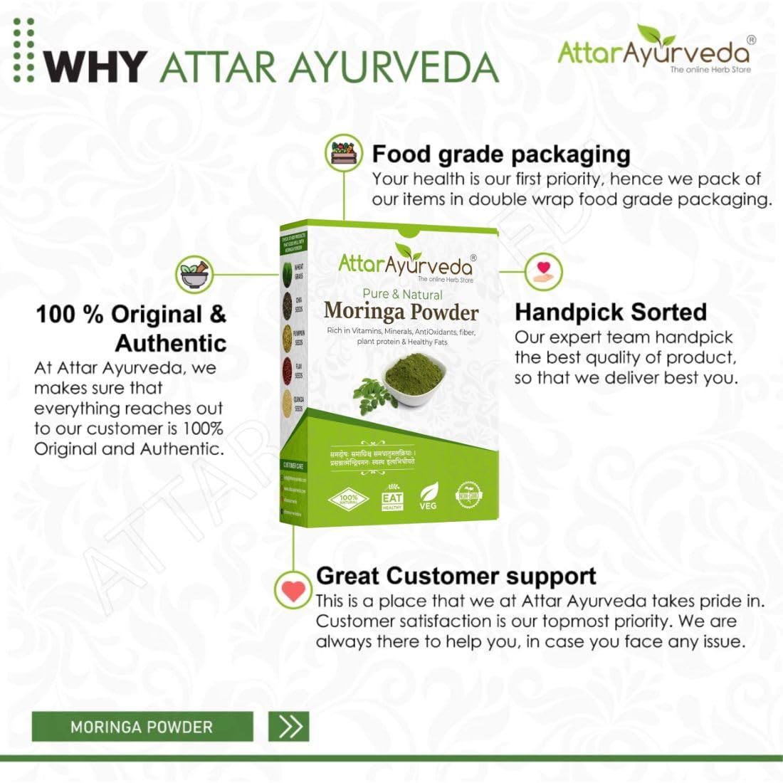 ATTAR AYURVEDA Moringa Leaf Powder 200g, Drumstick Leaf, Herbal Supplement, Preservative-Free - close-up detail
