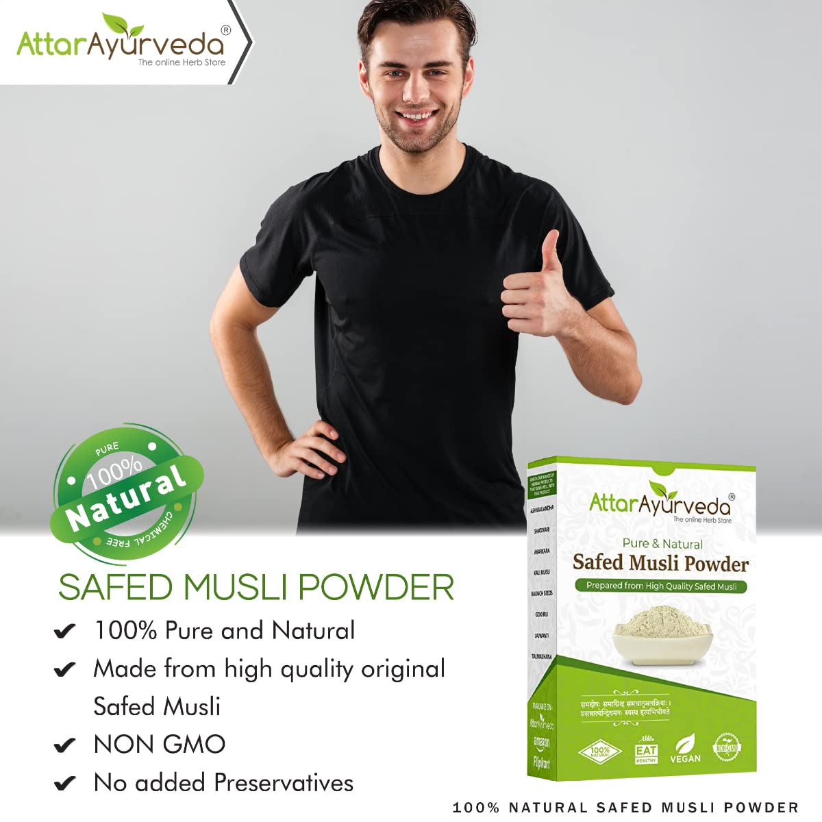 Attar Ayurveda Safed Musli Powder, Traditional Herbal Supplement, Preservative-Free, Non-GMO, No Artificial Additives - back