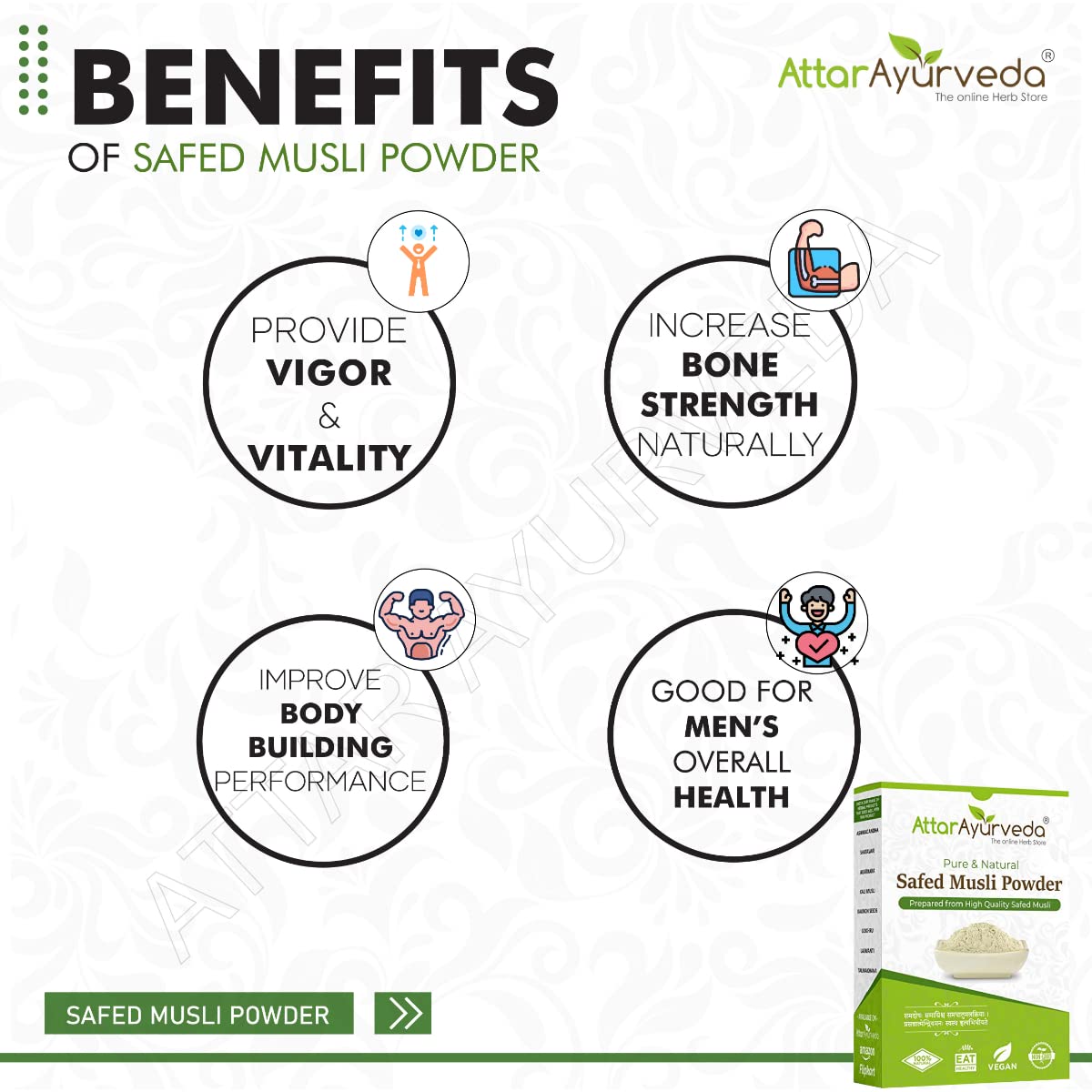 Attar Ayurveda Safed Musli Powder, Traditional Herbal Supplement, Preservative-Free, Non-GMO, No Artificial Additives - label
