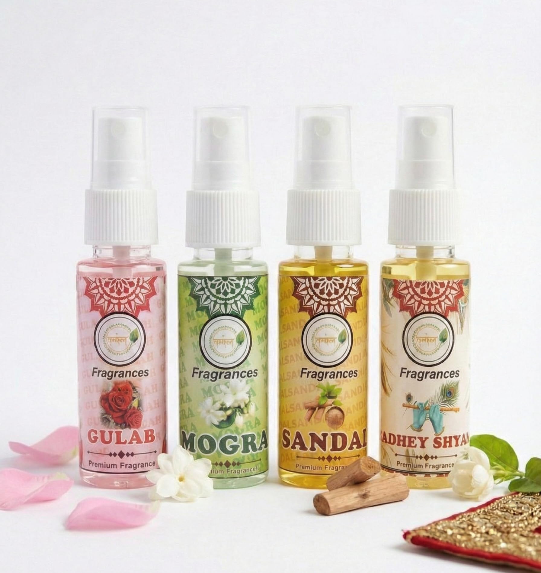 Attar Perfume Oil Set - Mogra Sandal Rose Gulab Natural - 4 x 25ml - Traditional Indian Fragrance - Unisex