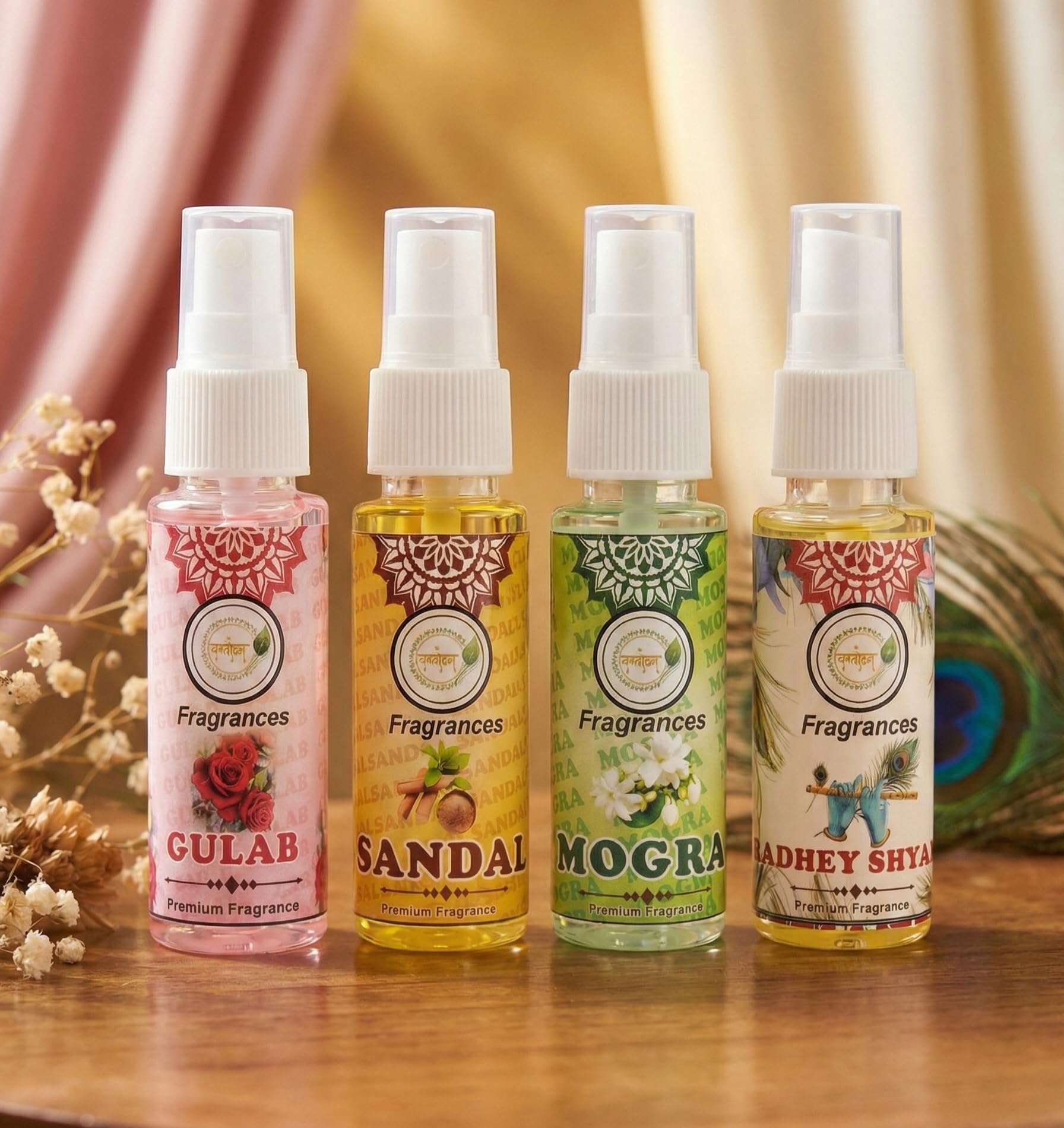 Attar Perfume Oil Set - Mogra Sandal Rose Gulab Natural - 4 x 25ml - Traditional Indian Fragrance - Unisex - front view