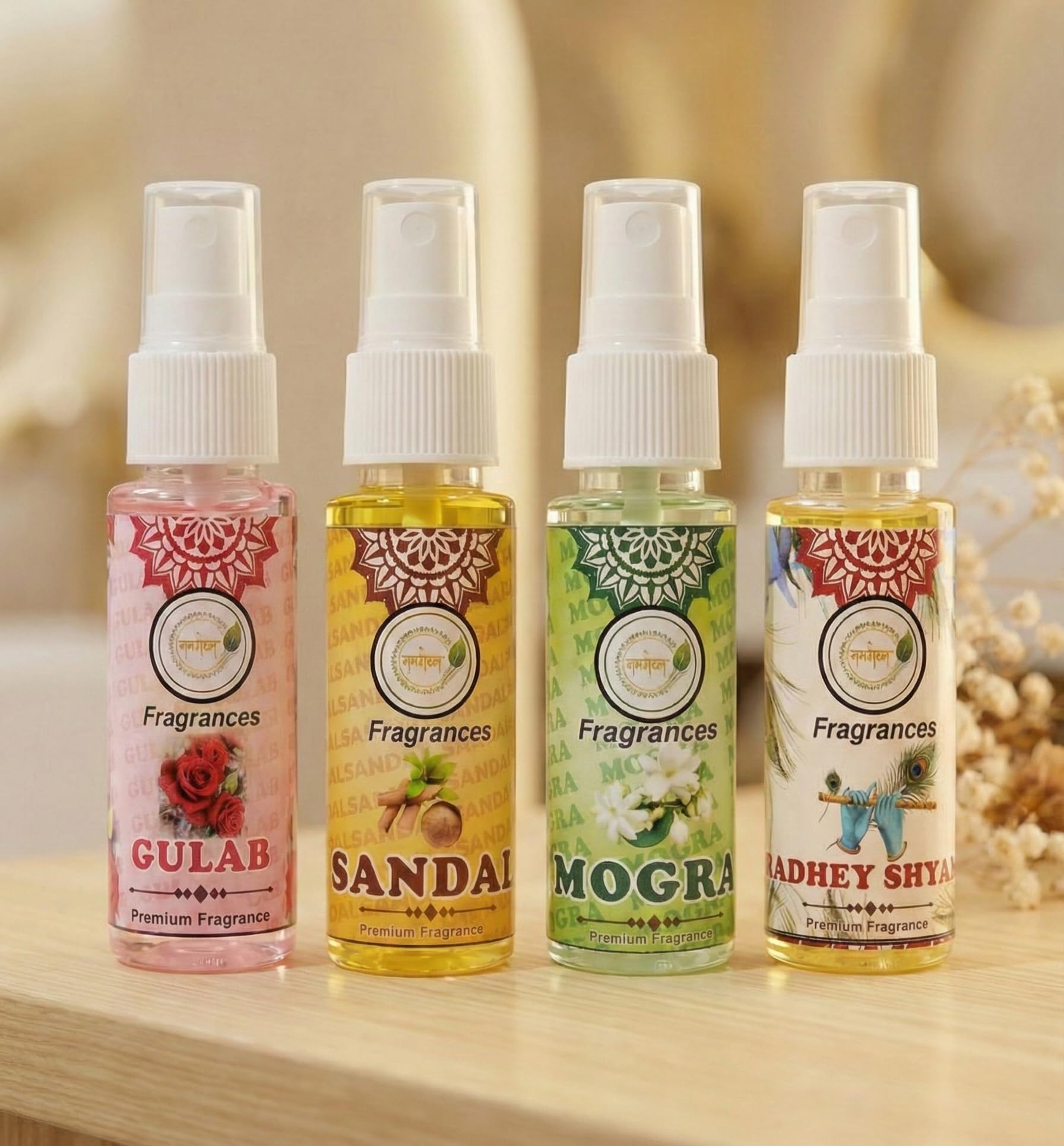 Attar Perfume Oil Set - Mogra Sandal Rose Gulab Natural - 4 x 25ml - Traditional Indian Fragrance - Unisex - back view