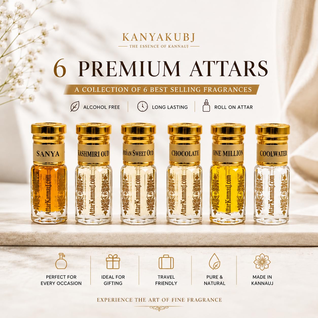 AttarKannauj Kanyakubj Kannauj Attar Gift Set for Men, 5 x 3ml Alcohol-Free Roll-On, Modern Fragrance Collection - label deta