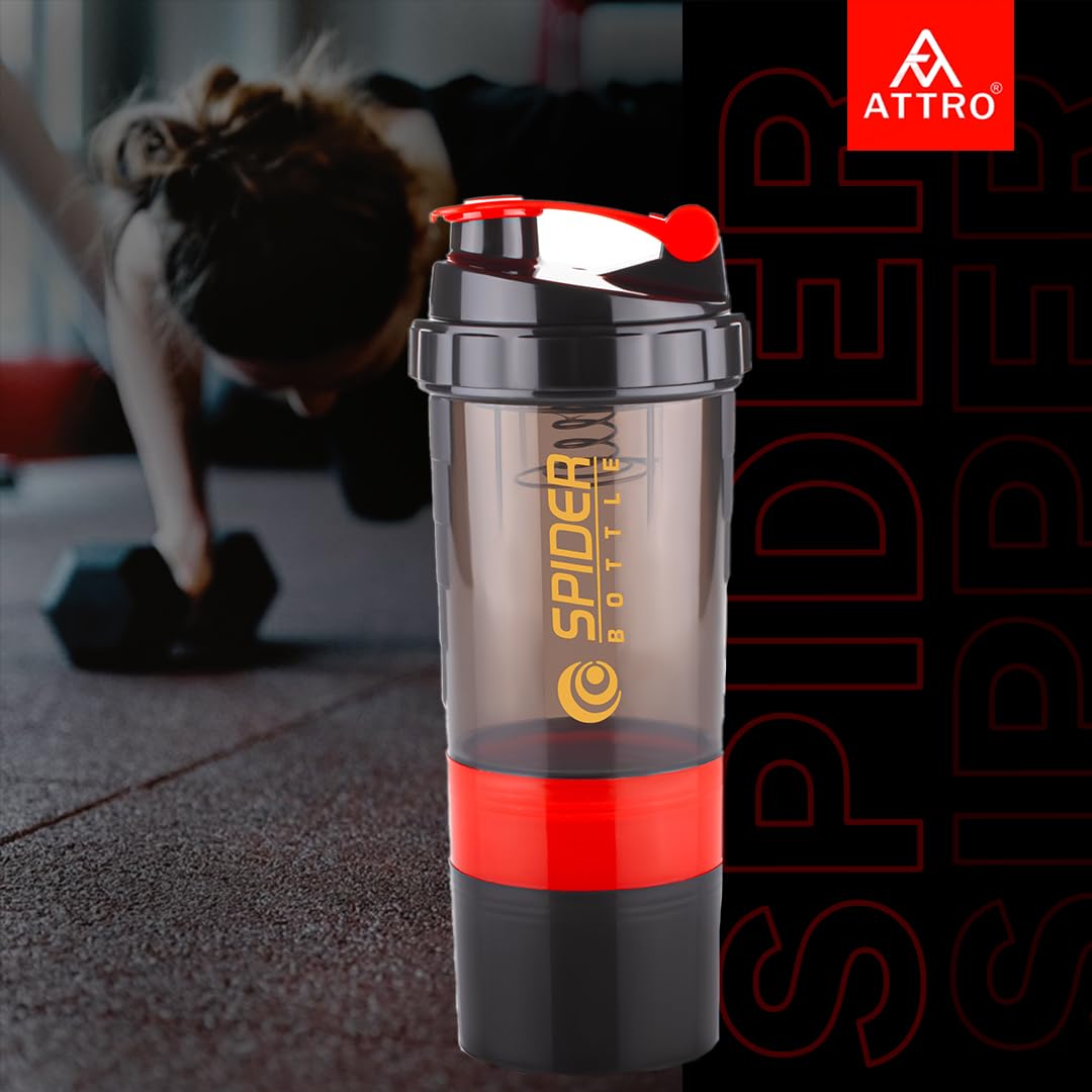 ATTRO 300ml Shaker Bottle with Storage, BPA-Free Plastic, Leakproof Gym Cup, Spider Design - front view (12)