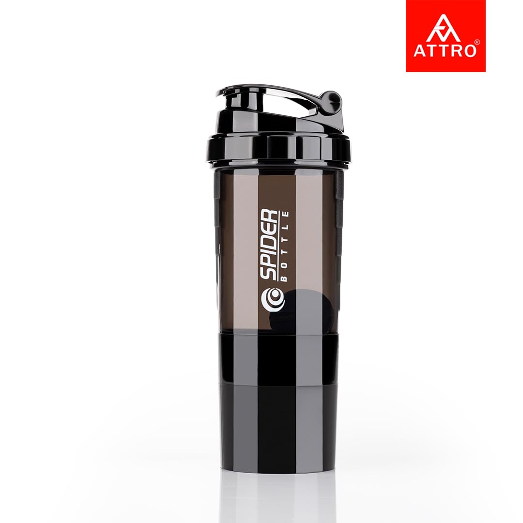 ATTRO 300ml Shaker Bottle with Storage, BPA-Free Plastic, Leakproof Gym Cup, Spider Design - front view