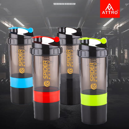 ATTRO 300ml Shaker Bottle with Storage, BPA-Free Plastic, Leakproof Gym Cup, Spider Design - packaging