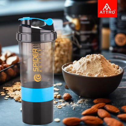 ATTRO 300ml Shaker Bottle with Storage, BPA-Free Plastic, Leakproof Gym Cup, Spider Design - front view (6)