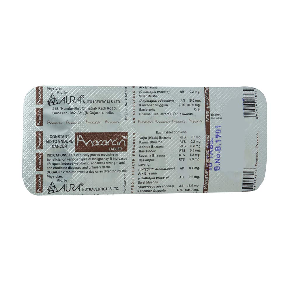 AURA NUTRACEUTICALS LTD Anacarcin Tablets, 30 Count, Herbal Ayurvedic Supplement - ingredients panel
