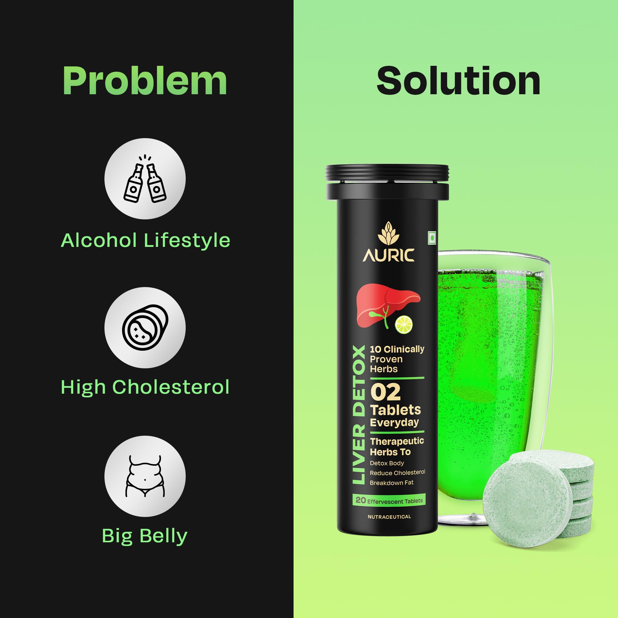 Auric Liver Supplement | 20 Tablets Fizzy Water with 10 Ayurvedic Herbs | Clinically Researched Therapeutic Ingredients | Dro