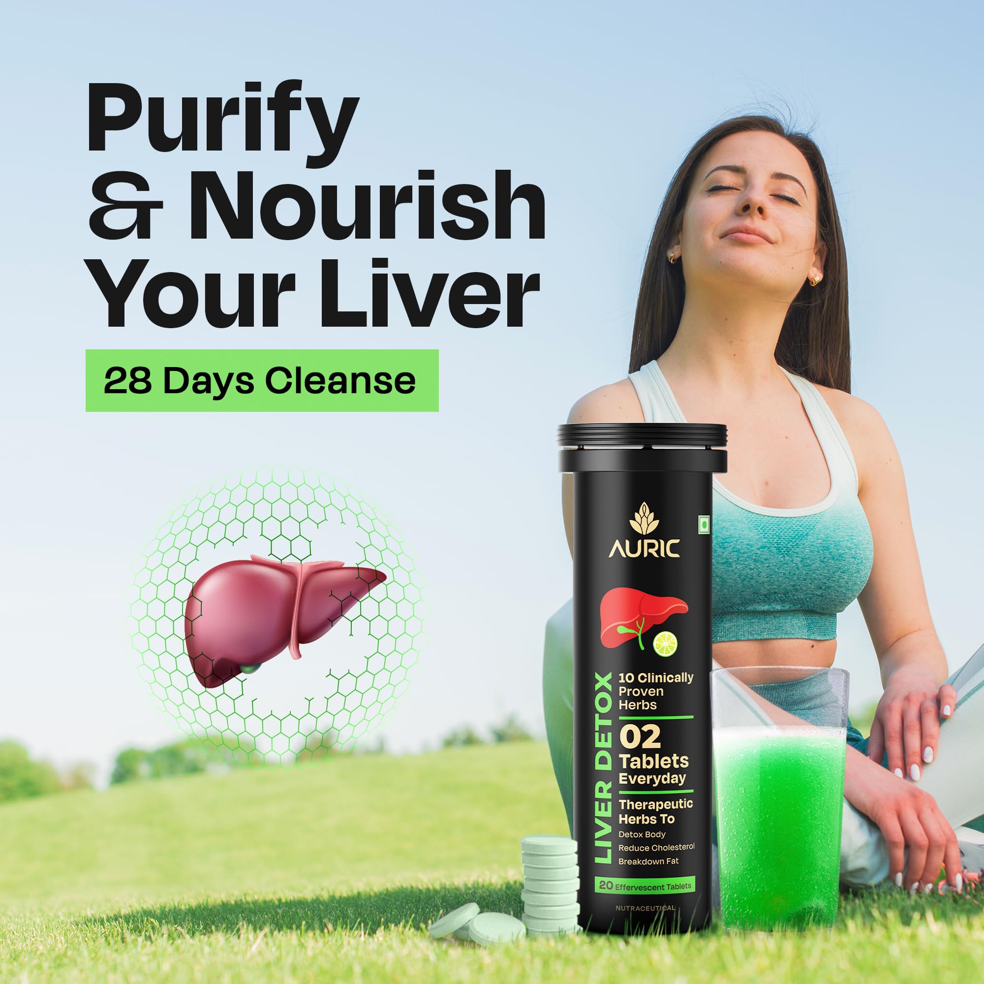 Auric Liver Supplement | 20 Tablets Fizzy Water with 10 Ayurvedic Herbs | Clinically Researched Therapeutic Ingredients | Dro