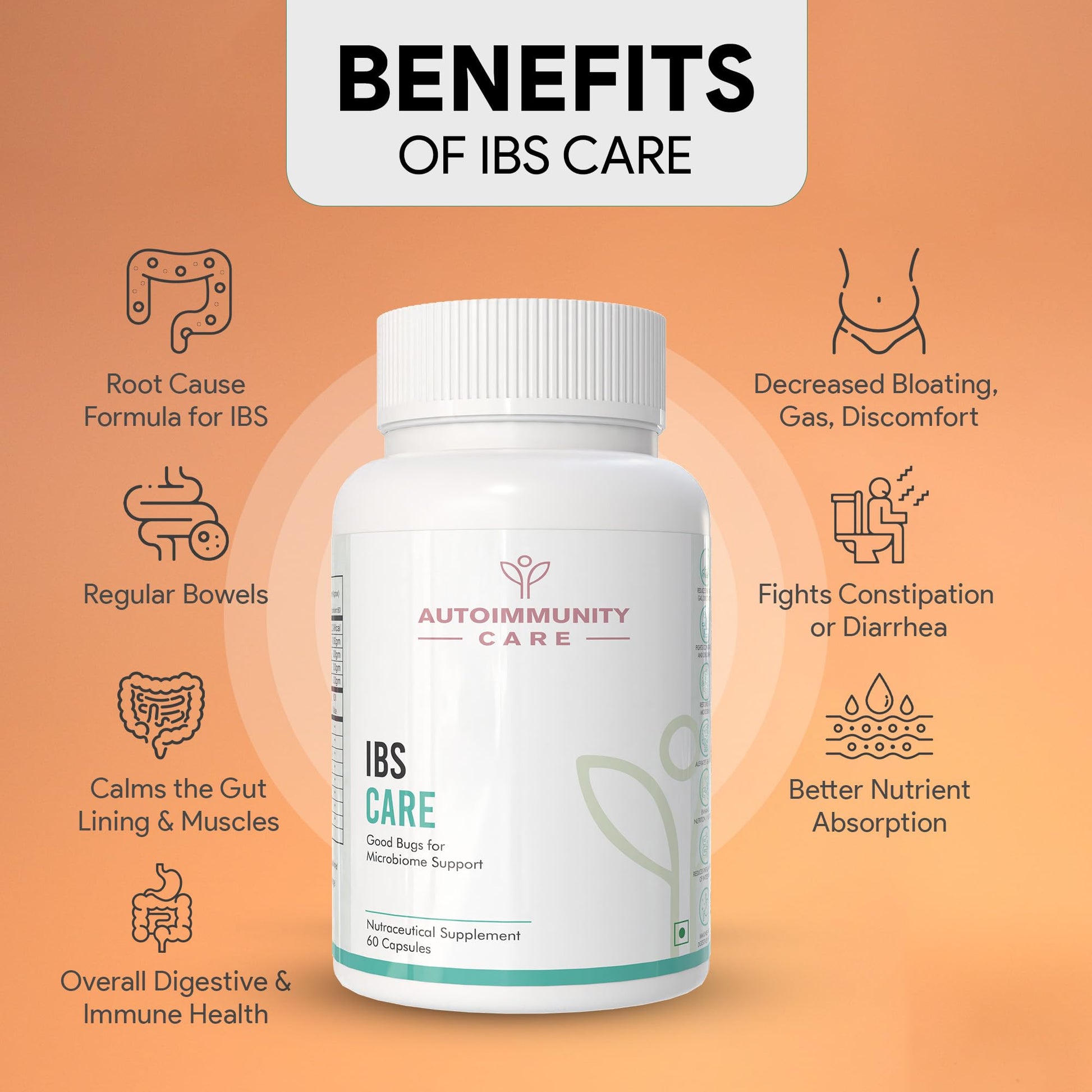 Autoimmunity Care IBS Care 3-in-1 Gut Health Supplement with Probiotics & Digestive Enzymes, 60 Vegetarian Capsules - back vi