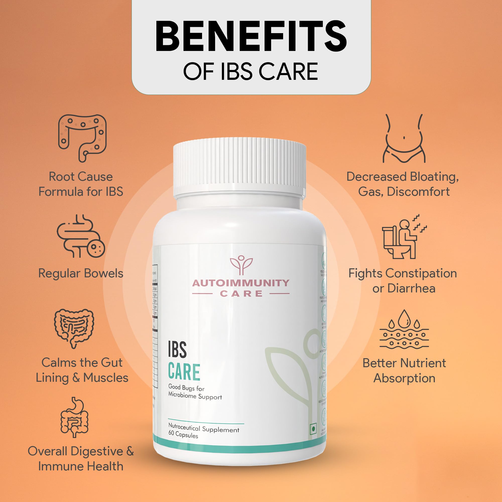 Autoimmunity Care IBS Care 3-in-1 Gut Health Supplement with Probiotics & Digestive Enzymes, 60 Vegetarian Capsules - back vi