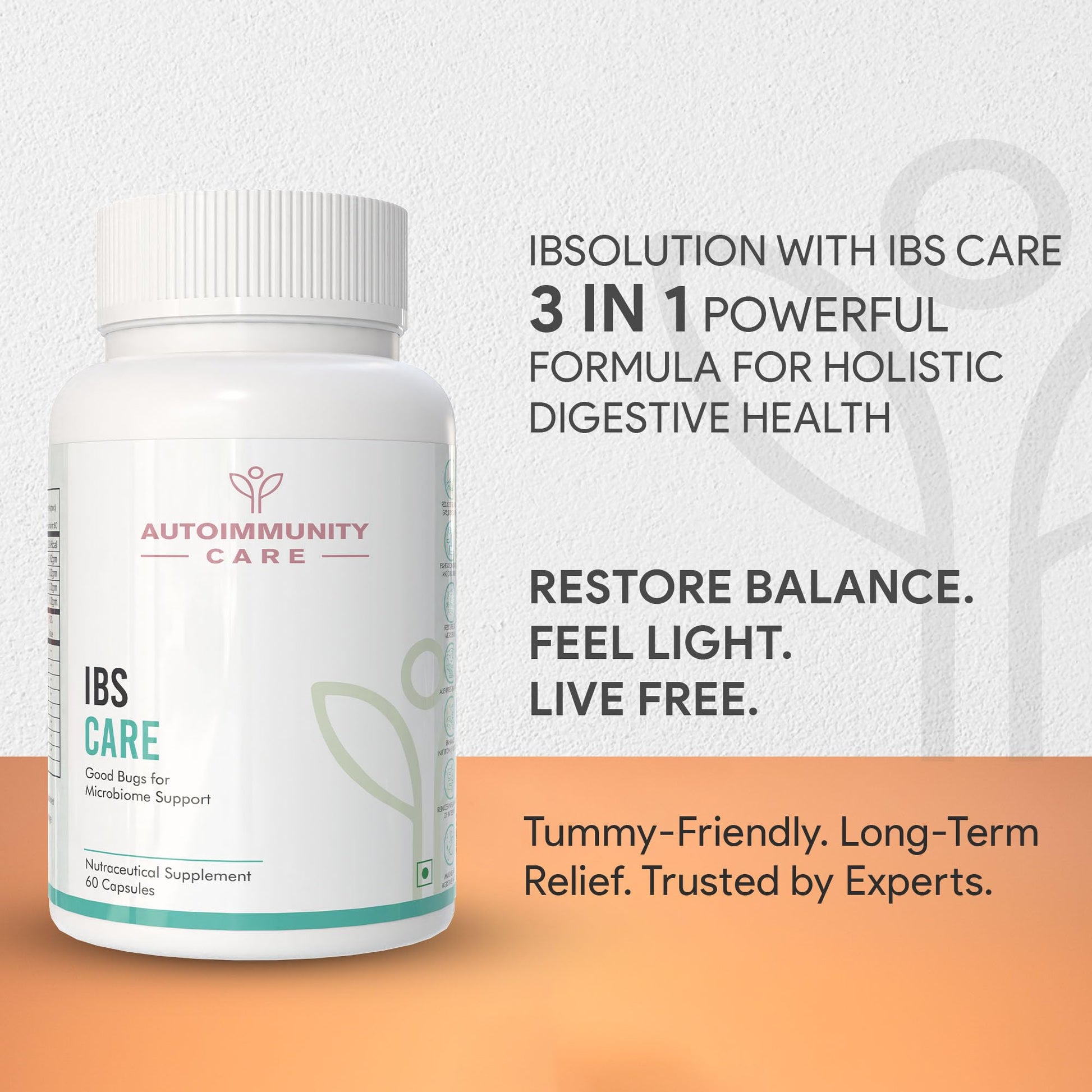 Autoimmunity Care IBS Care 3-in-1 Gut Health Supplement with Probiotics & Digestive Enzymes, 60 Vegetarian Capsules - packagi