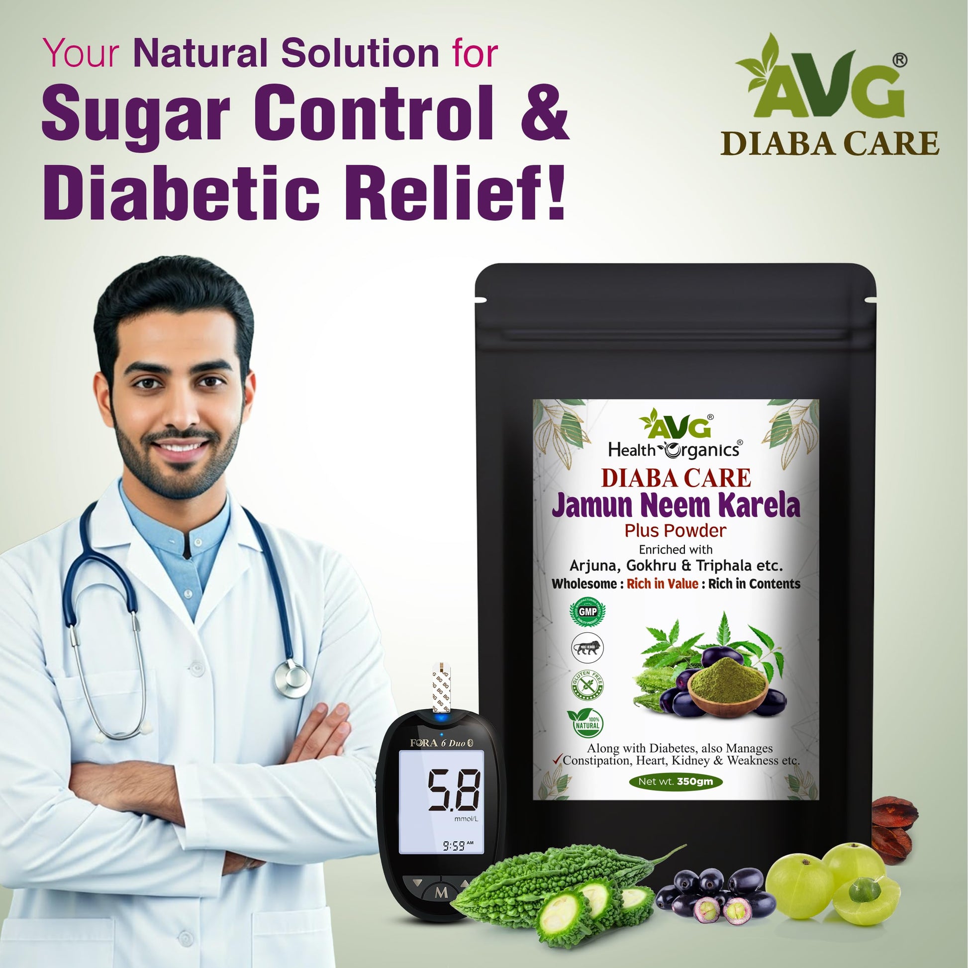AVG Health Organics Diaba Care Karela Jamun Neem Powder, Ayurvedic Herbal Blend, AYUSH & GMP Certified - back view (15)