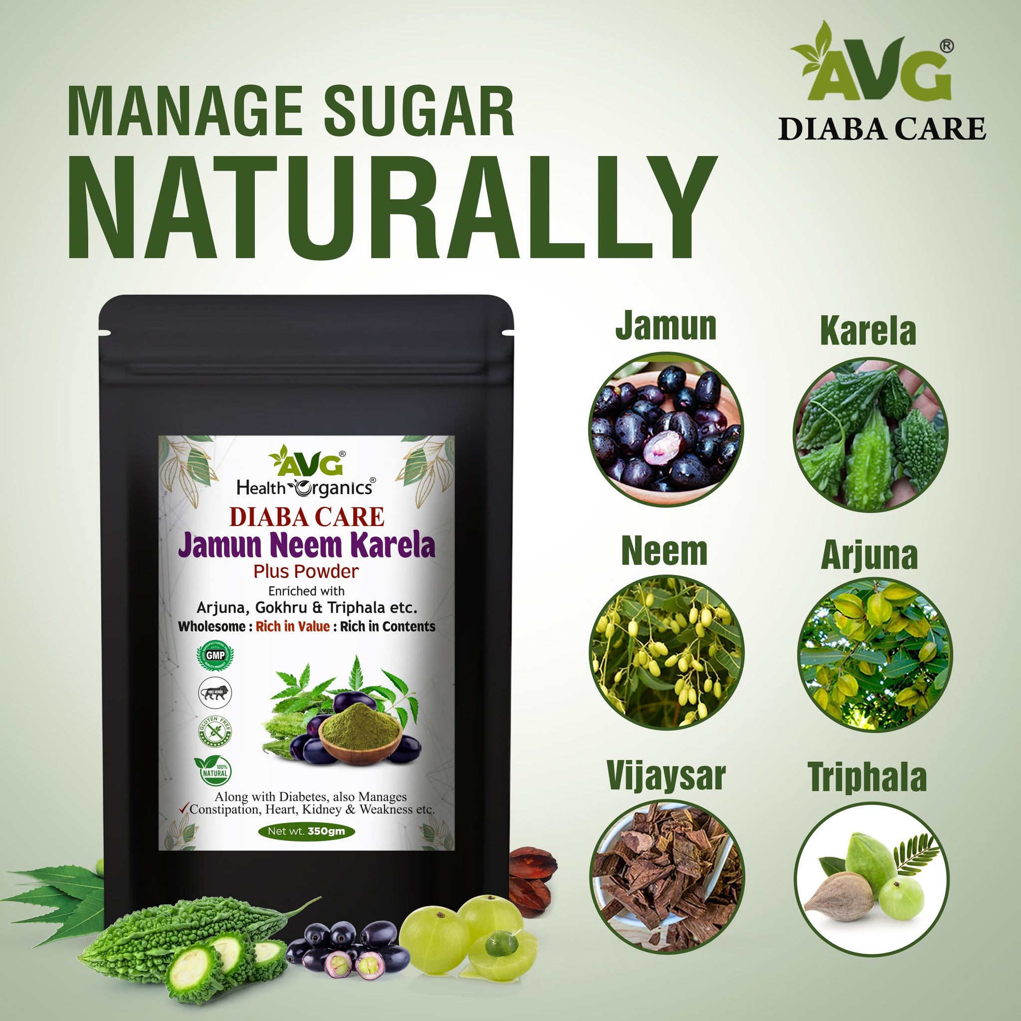 AVG Health Organics Diaba Care Karela Jamun Neem Powder, Ayurvedic Herbal Blend, AYUSH & GMP Certified - packaging (16)