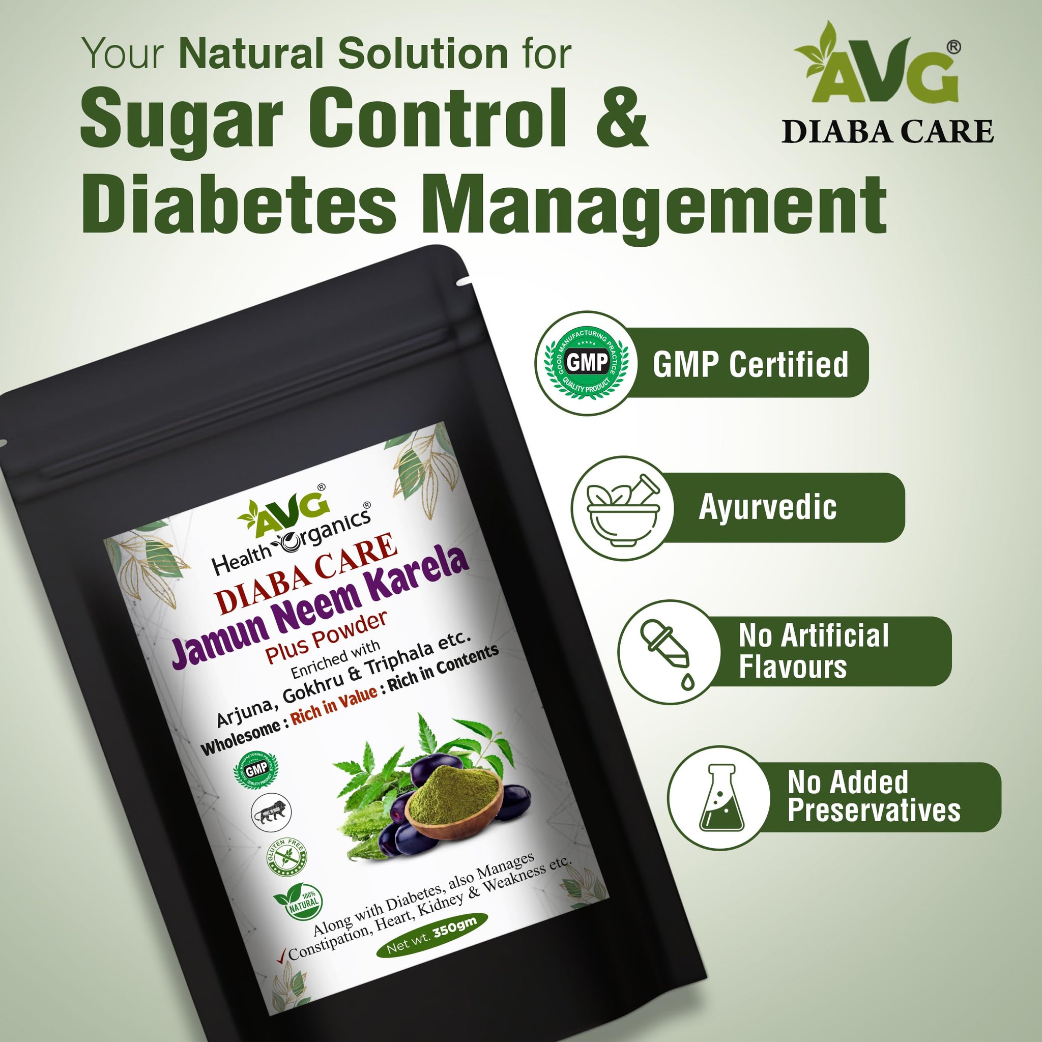 AVG Health Organics Diaba Care Karela Jamun Neem Powder, Ayurvedic Herbal Blend, AYUSH & GMP Certified - label detail (17)