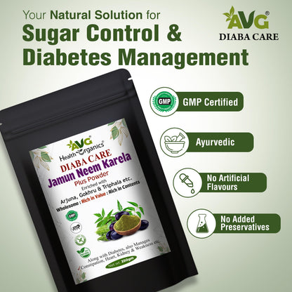 AVG Health Organics Diaba Care Karela Jamun Neem Powder, Ayurvedic Herbal Blend, AYUSH & GMP Certified - label detail (17)