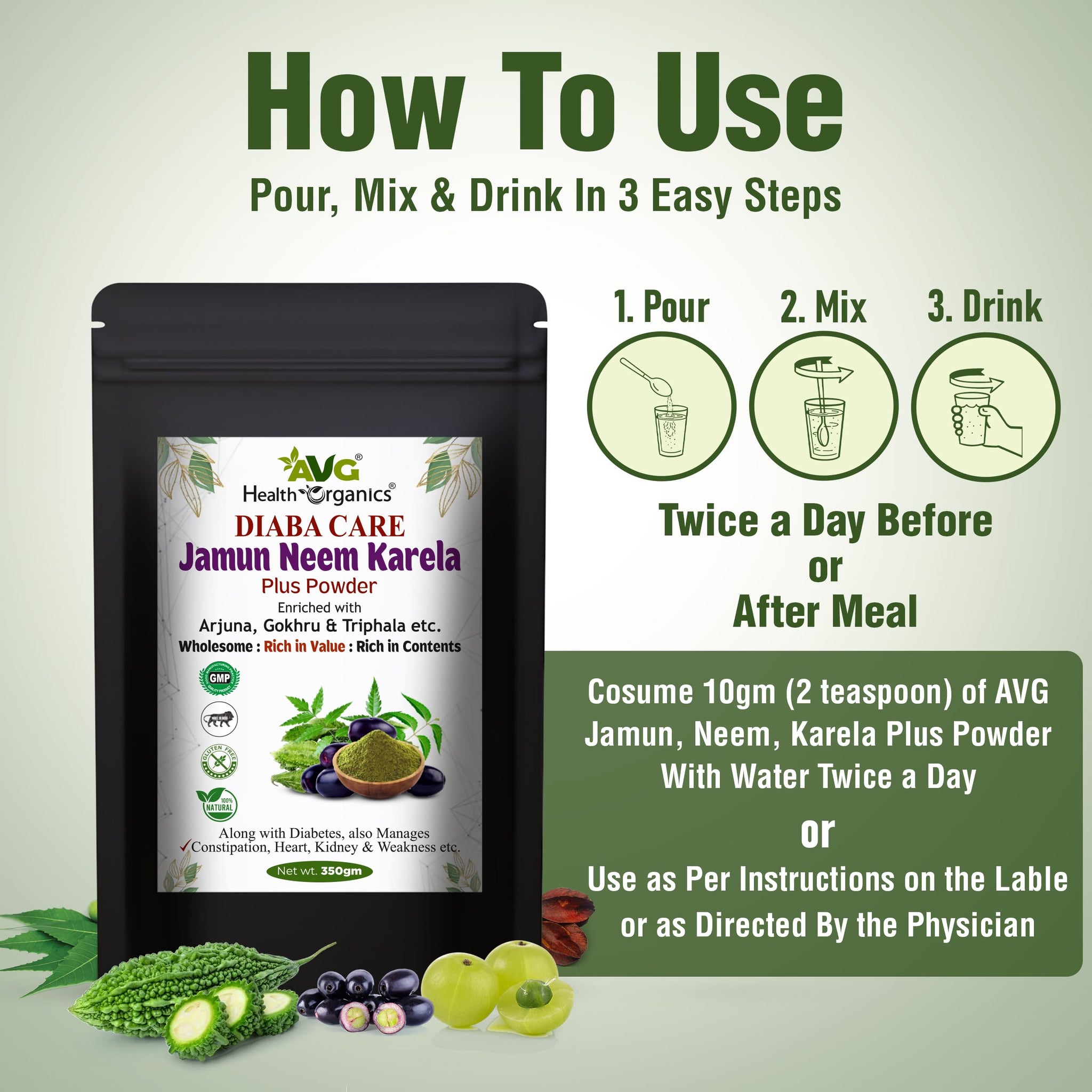 AVG Health Organics Diaba Care Karela Jamun Neem Powder, Ayurvedic Herbal Blend, AYUSH & GMP Certified - ingredients panel (1