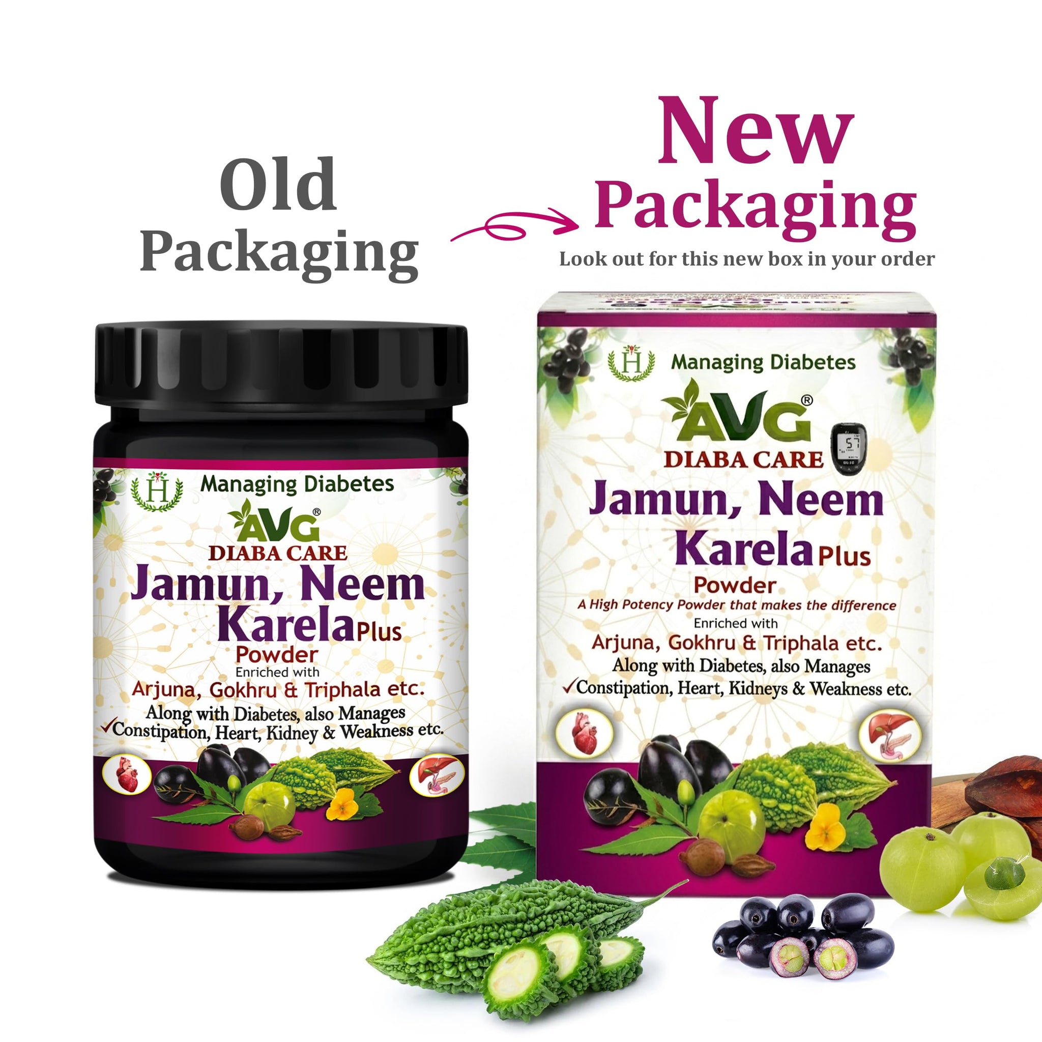AVG Health Organics Diaba Care Karela Jamun Neem Powder, Ayurvedic Herbal Blend, AYUSH & GMP Certified - front view