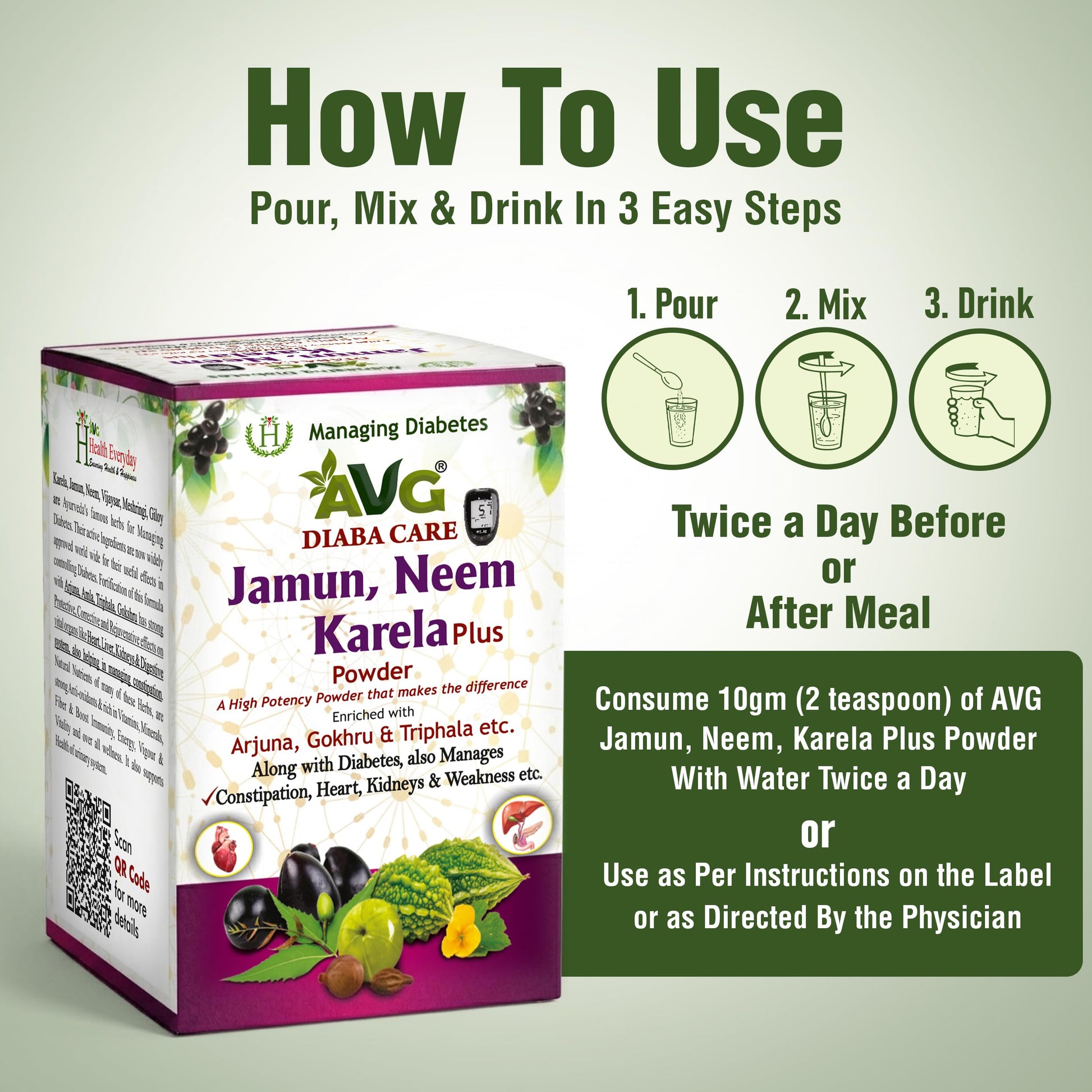 AVG Health Organics Diaba Care Karela Jamun Neem Powder, Ayurvedic Herbal Blend, AYUSH & GMP Certified - packaging