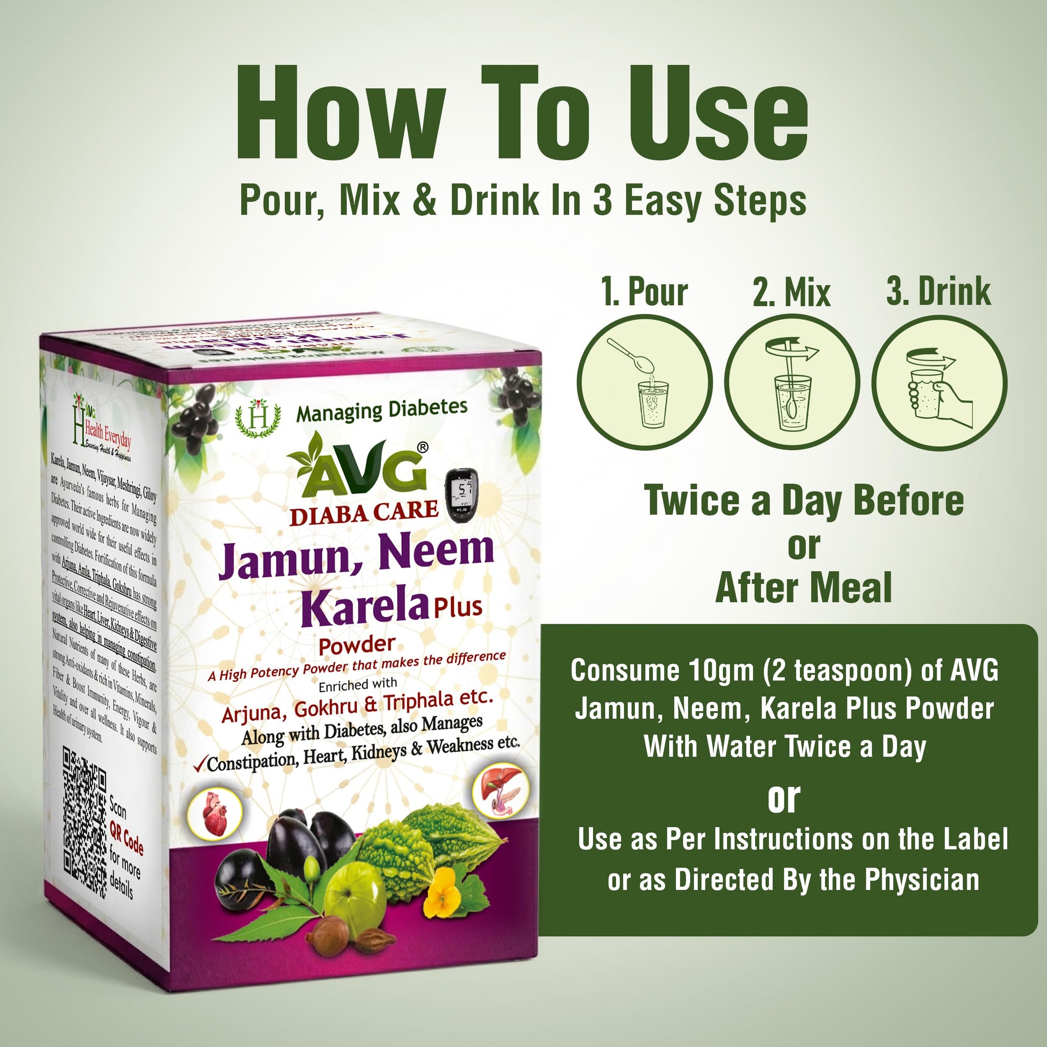 AVG Health Organics Diaba Care Karela Jamun Neem Powder, Ayurvedic Herbal Blend, AYUSH & GMP Certified - packaging
