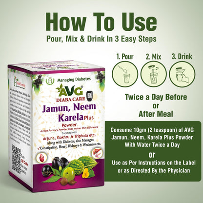 AVG Health Organics Diaba Care Karela Jamun Neem Powder, Ayurvedic Herbal Blend, AYUSH & GMP Certified - packaging