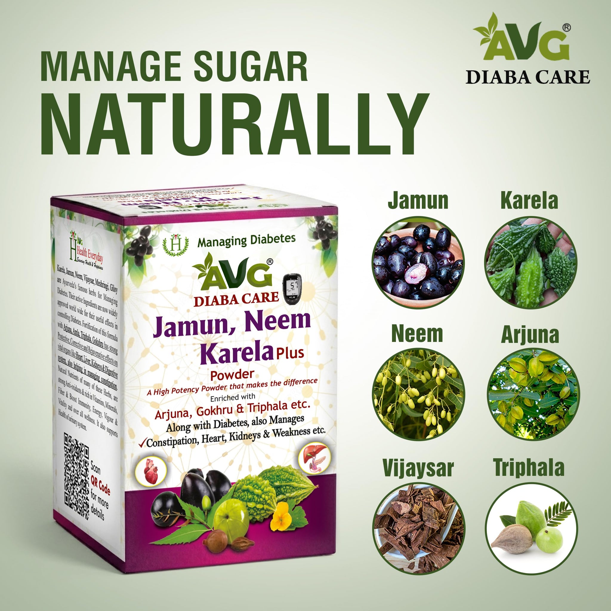 AVG Health Organics Diaba Care Karela Jamun Neem Powder, Ayurvedic Herbal Blend, AYUSH & GMP Certified - label detail