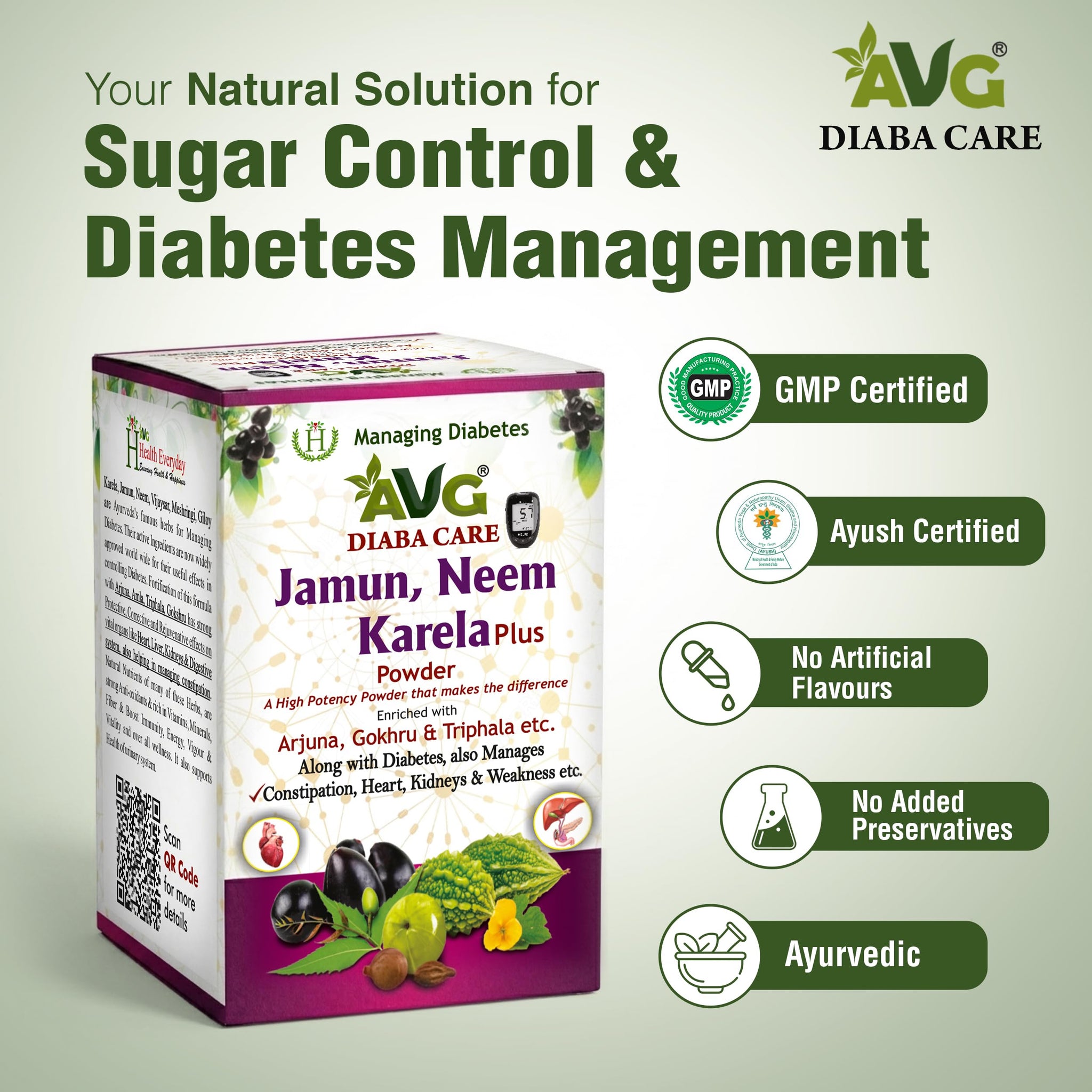 AVG Health Organics Diaba Care Karela Jamun Neem Powder, Ayurvedic Herbal Blend, AYUSH & GMP Certified - ingredients panel