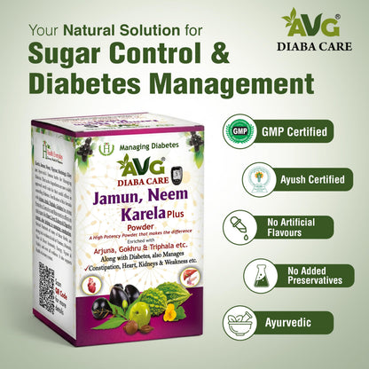 AVG Health Organics Diaba Care Karela Jamun Neem Powder, Ayurvedic Herbal Blend, AYUSH & GMP Certified - ingredients panel