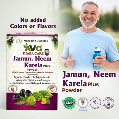 AVG Health Organics Diaba Care Karela Jamun Neem Powder, Ayurvedic Herbal Blend, AYUSH & GMP Certified - in use