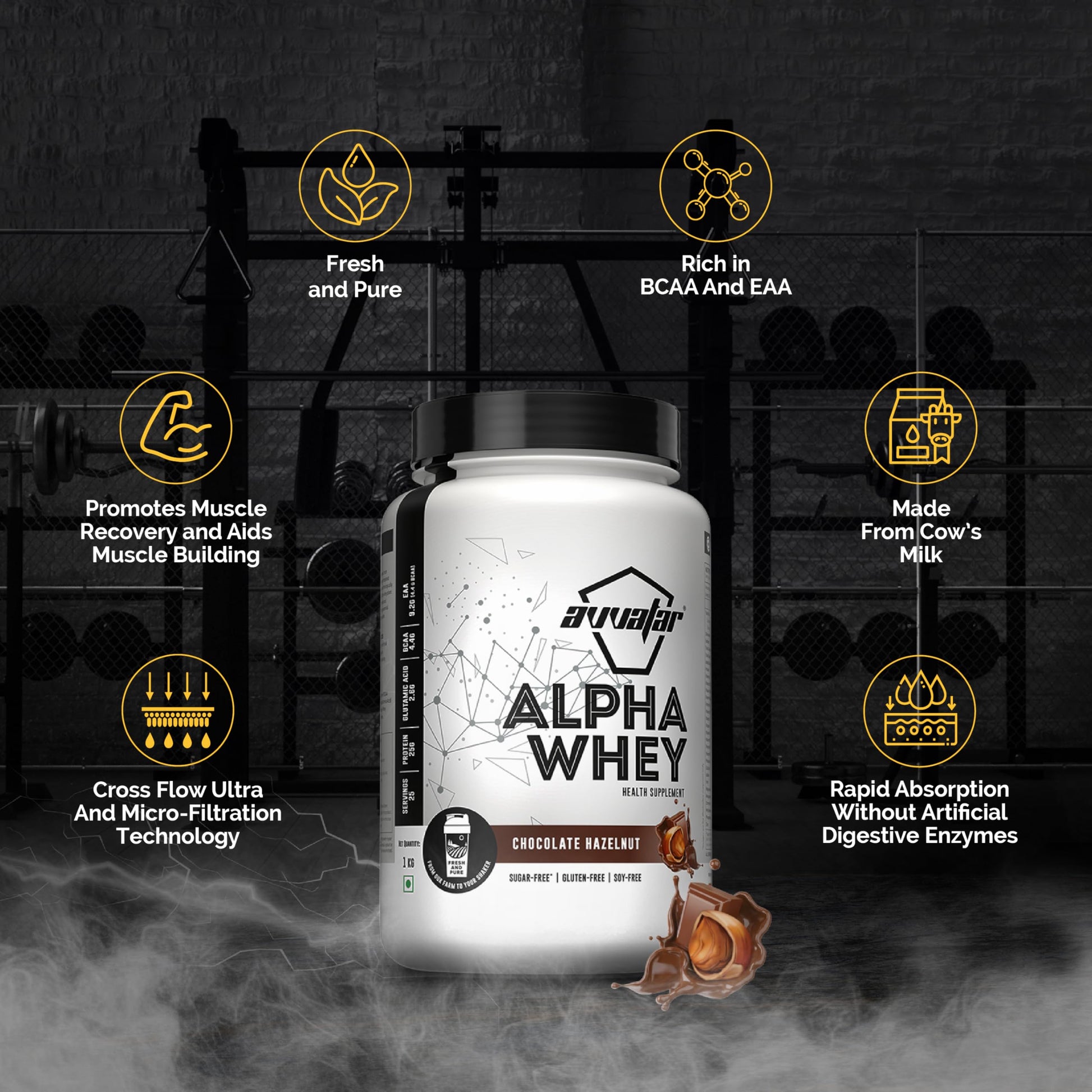 avvatar Alpha Whey Protein Powder, 1kg, 25 Servings, with Whey and Milk Protein Concentrate, Enriched with Vitamins and Miner