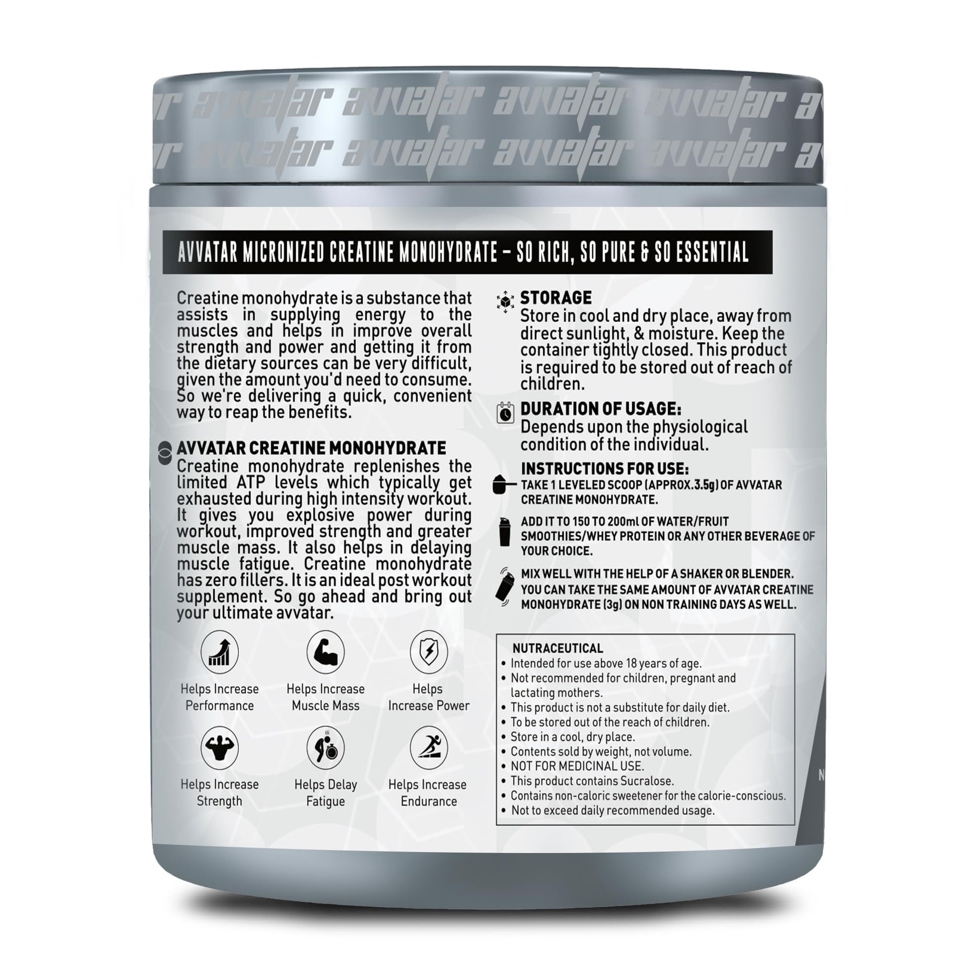 avvatar Creatine Monohydrate Powder, Micronized Formula, Unisex Nutritional Supplement - back view (12)
