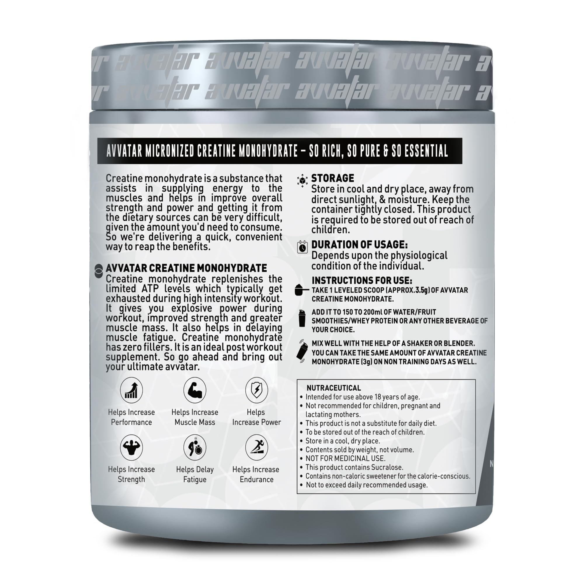 avvatar Creatine Monohydrate Powder, Micronized Formula, Unisex Nutritional Supplement - back view (12)